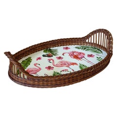 Vintage Coastal Rattan Flamingo Tray With Custom Decoupage Appliqué