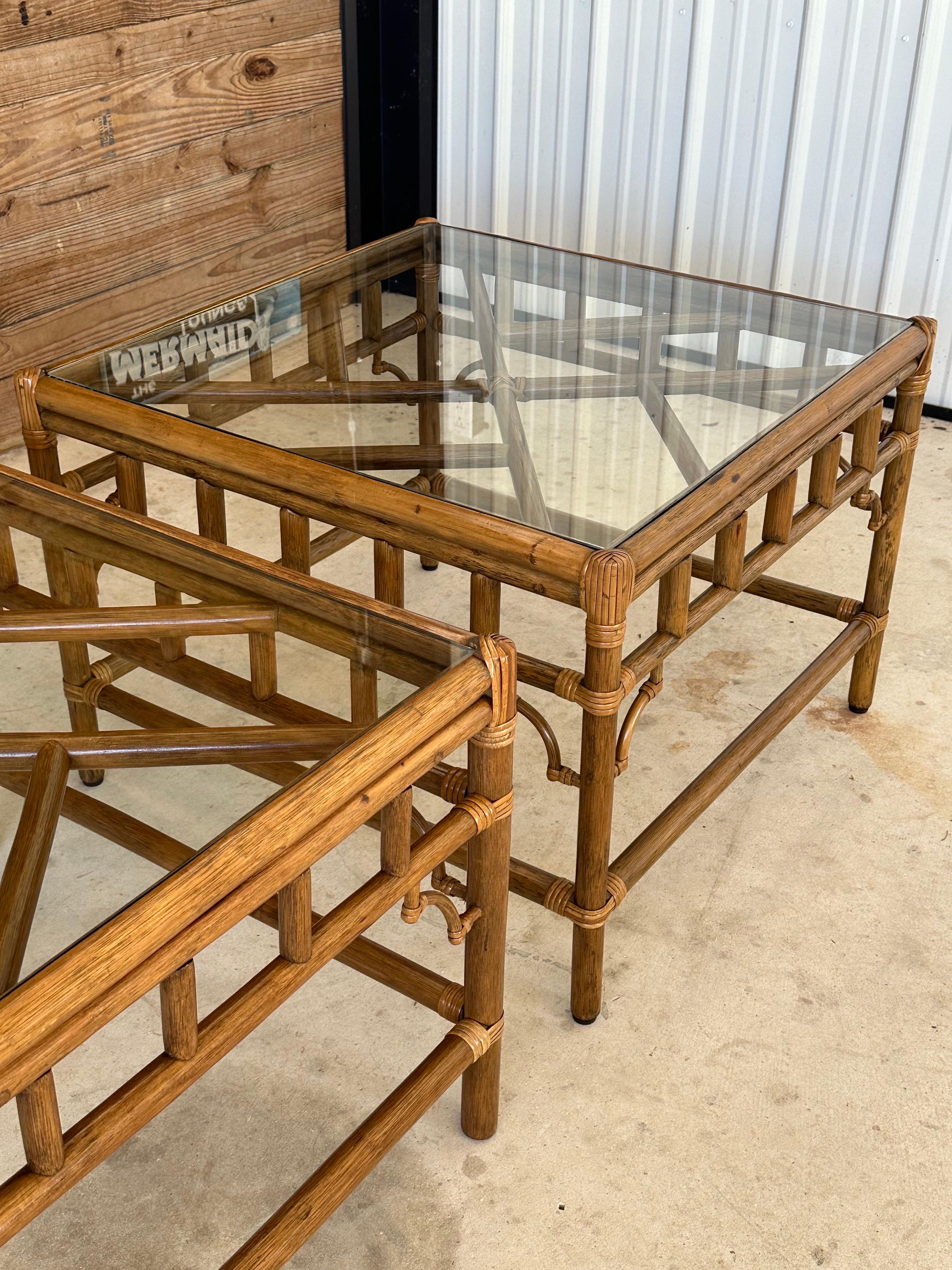 Chinese Chippendale Vintage Coastal Rattan Fretwork Chippendale Style Inlay Top Side End Tables
