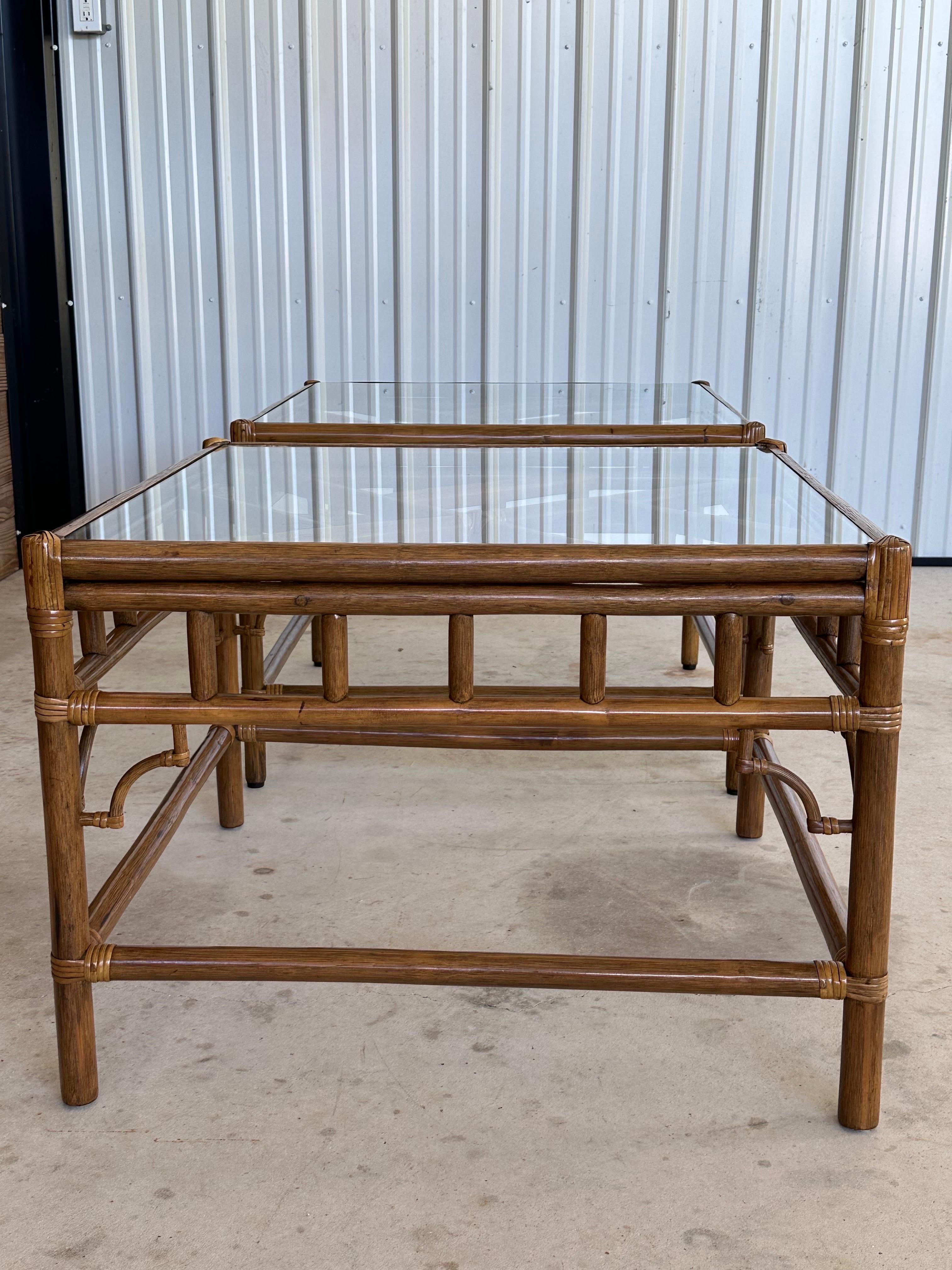 Stained Vintage Coastal Rattan Fretwork Chippendale Style Inlay Top Side End Tables