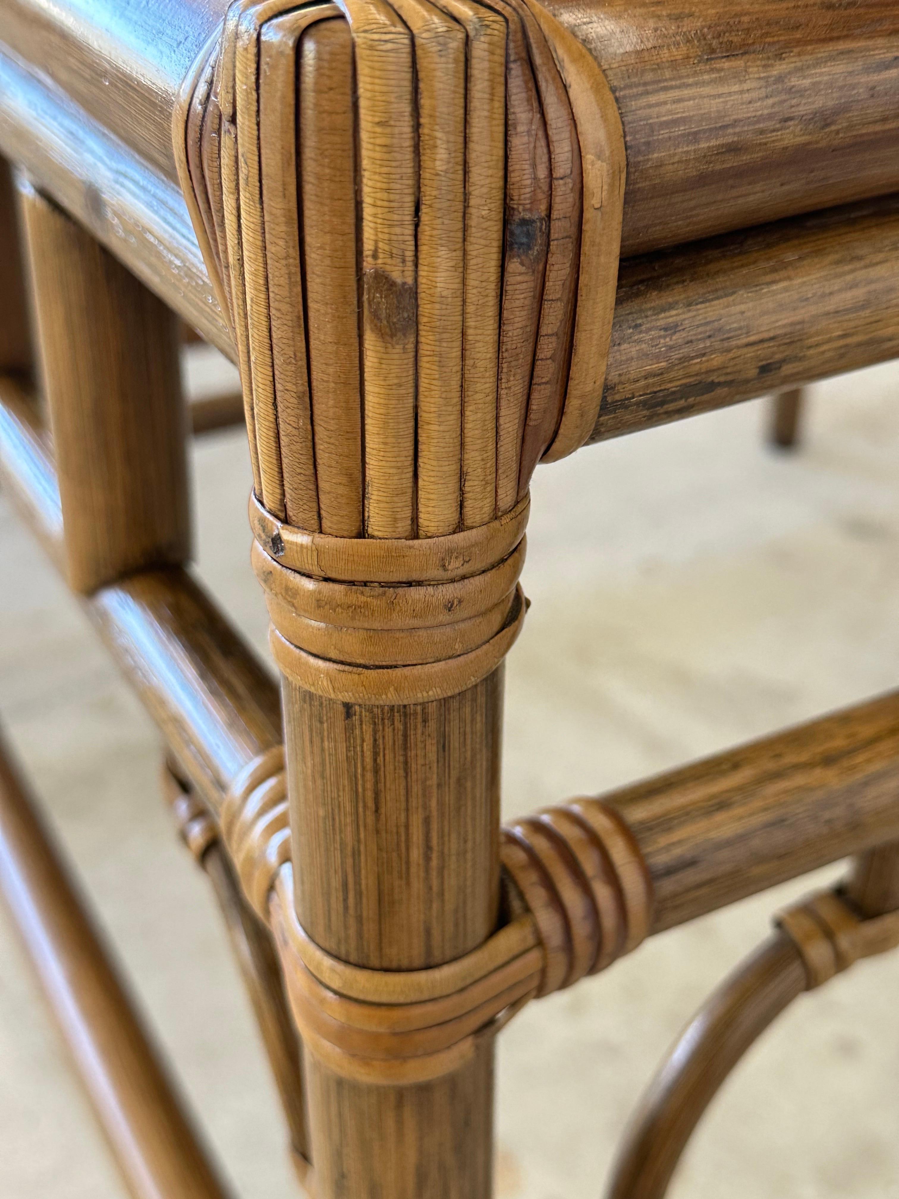 20th Century Vintage Coastal Rattan Fretwork Chippendale Style Inlay Top Side End Tables
