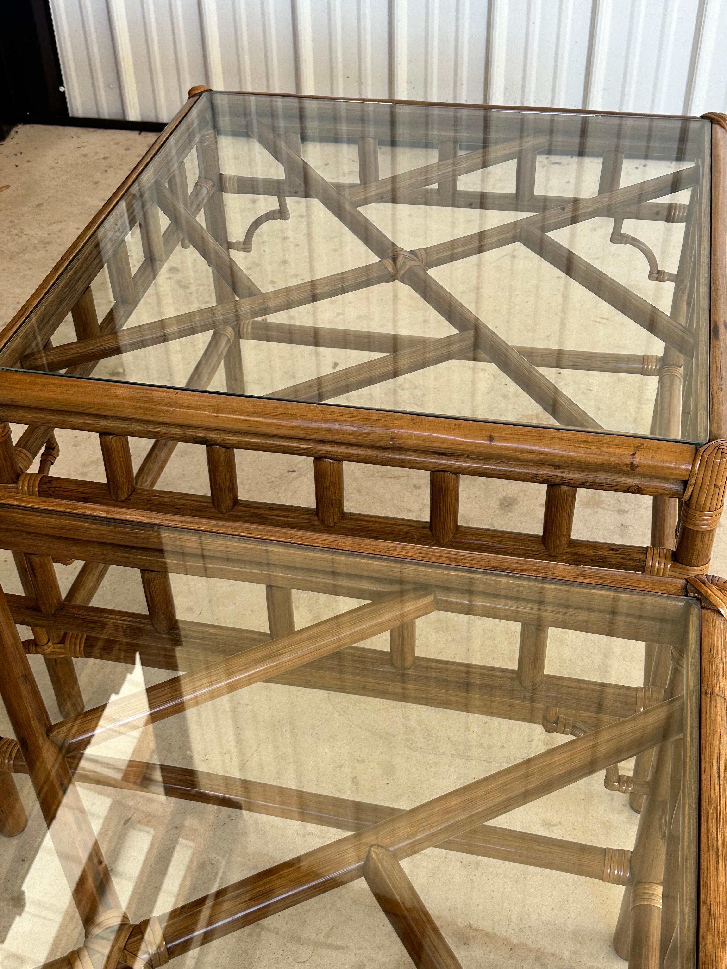 Vintage Coastal Rattan Fretwork Chippendale Style Inlay Top Side End Tables 1