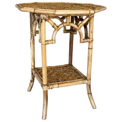 Vintage Coastal Rattan Fretwork Side Table With Woven Shelves