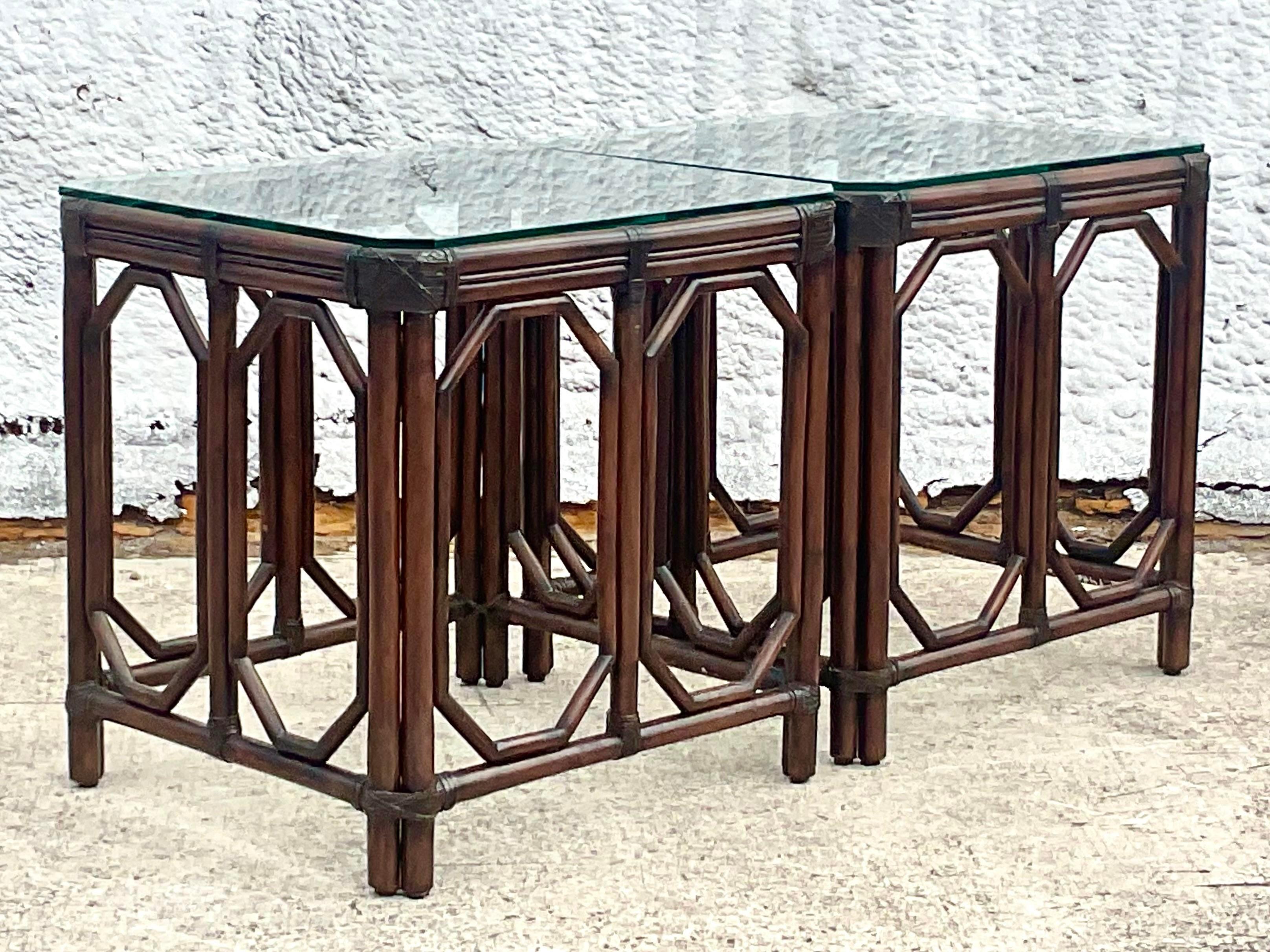 Philippine Vintage Coastal Rattan Fretwork Side Tables, a Pair