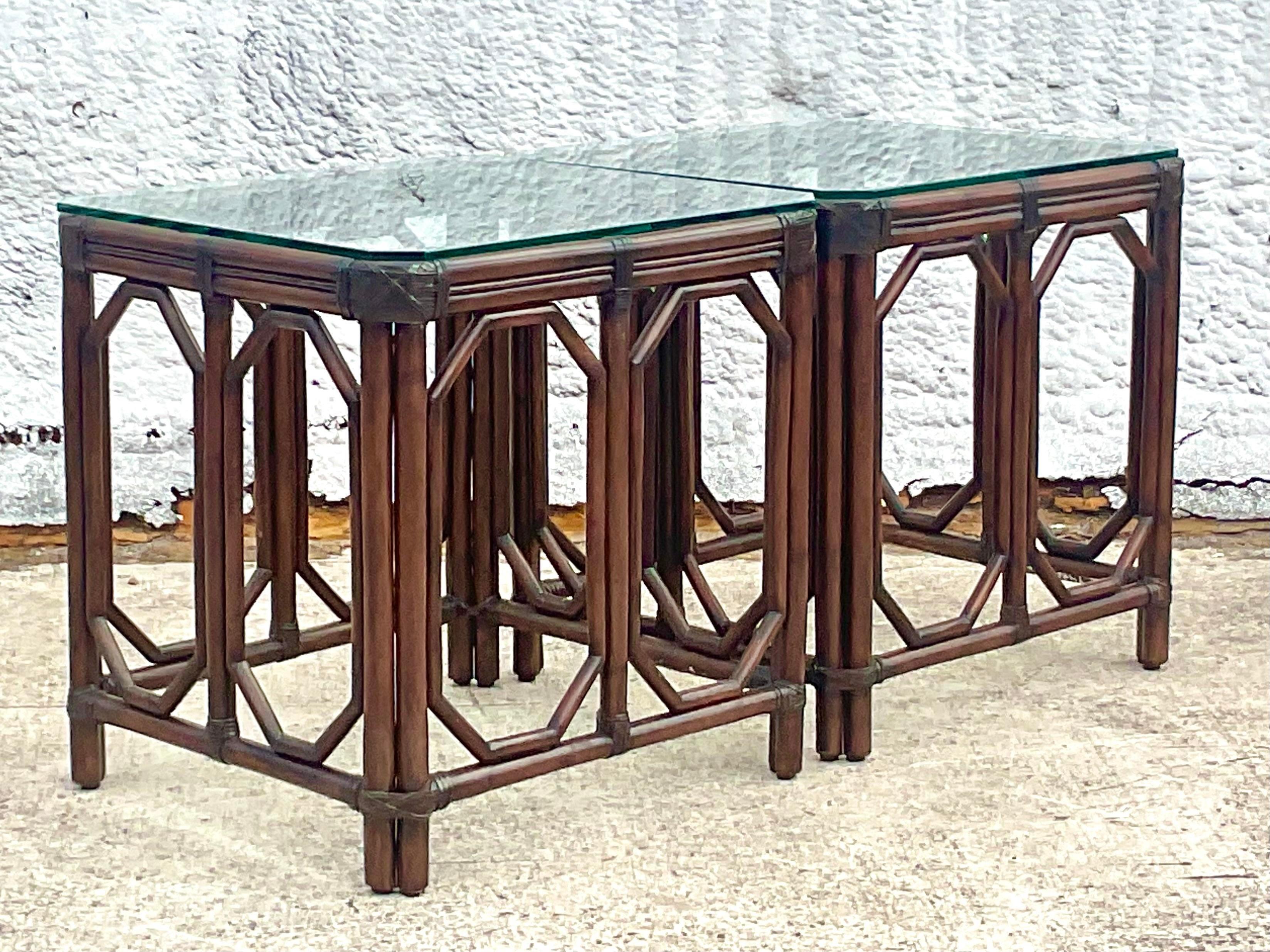 Vintage Coastal Rattan Fretwork Side Tables, a Pair In Good Condition In west palm beach, FL