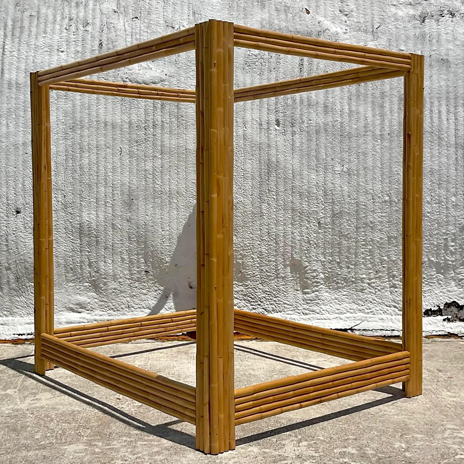 20th Century Vintage Coastal Rattan Full Canopy Bed Frame For Sale