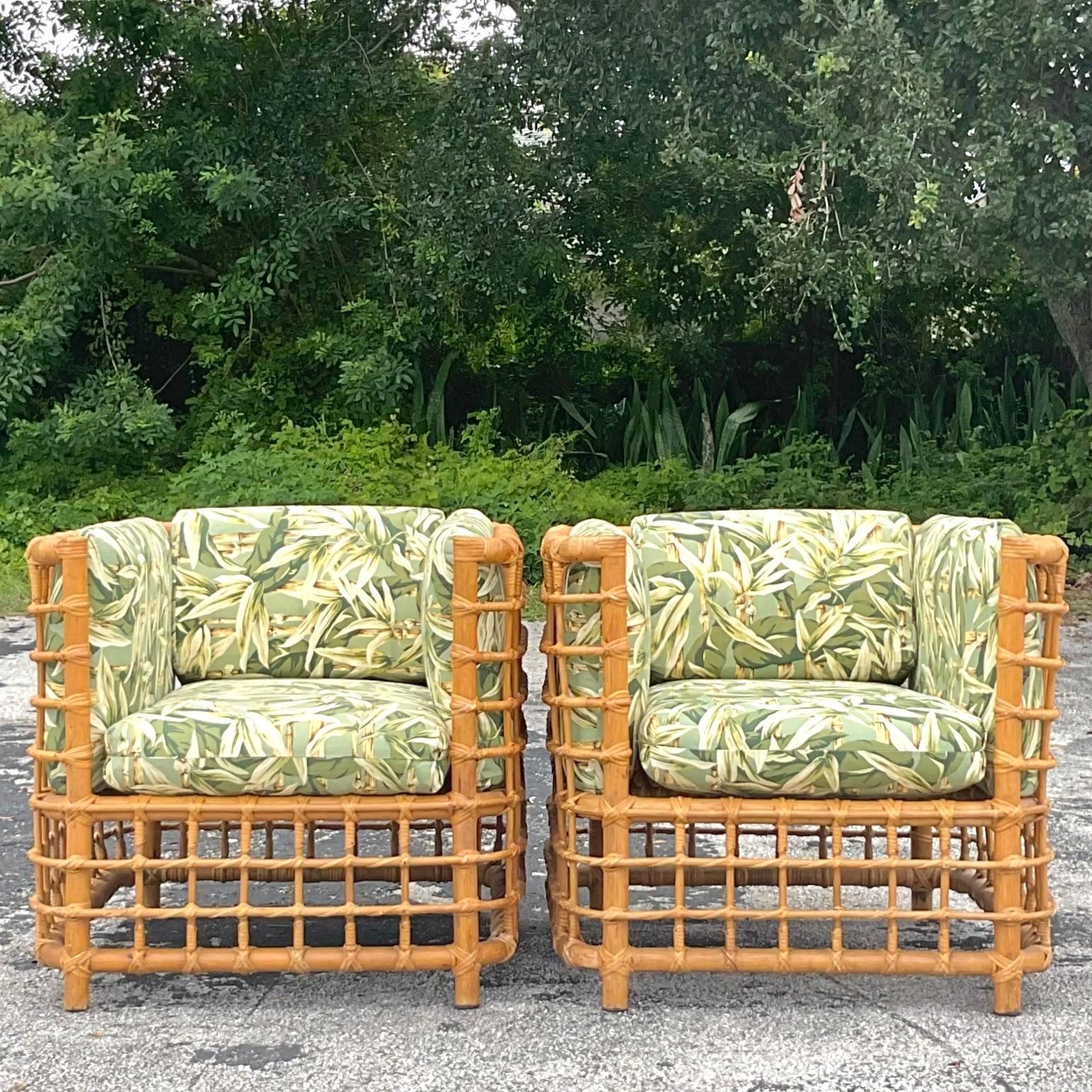 Philippine Vintage Coastal Rattan Grid Lounge Chairs - a Pair