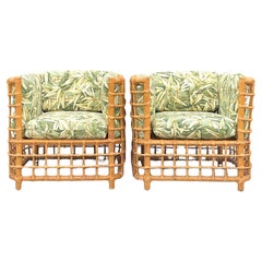 Vintage Coastal Rattan Grid Lounge Chairs - a Pair