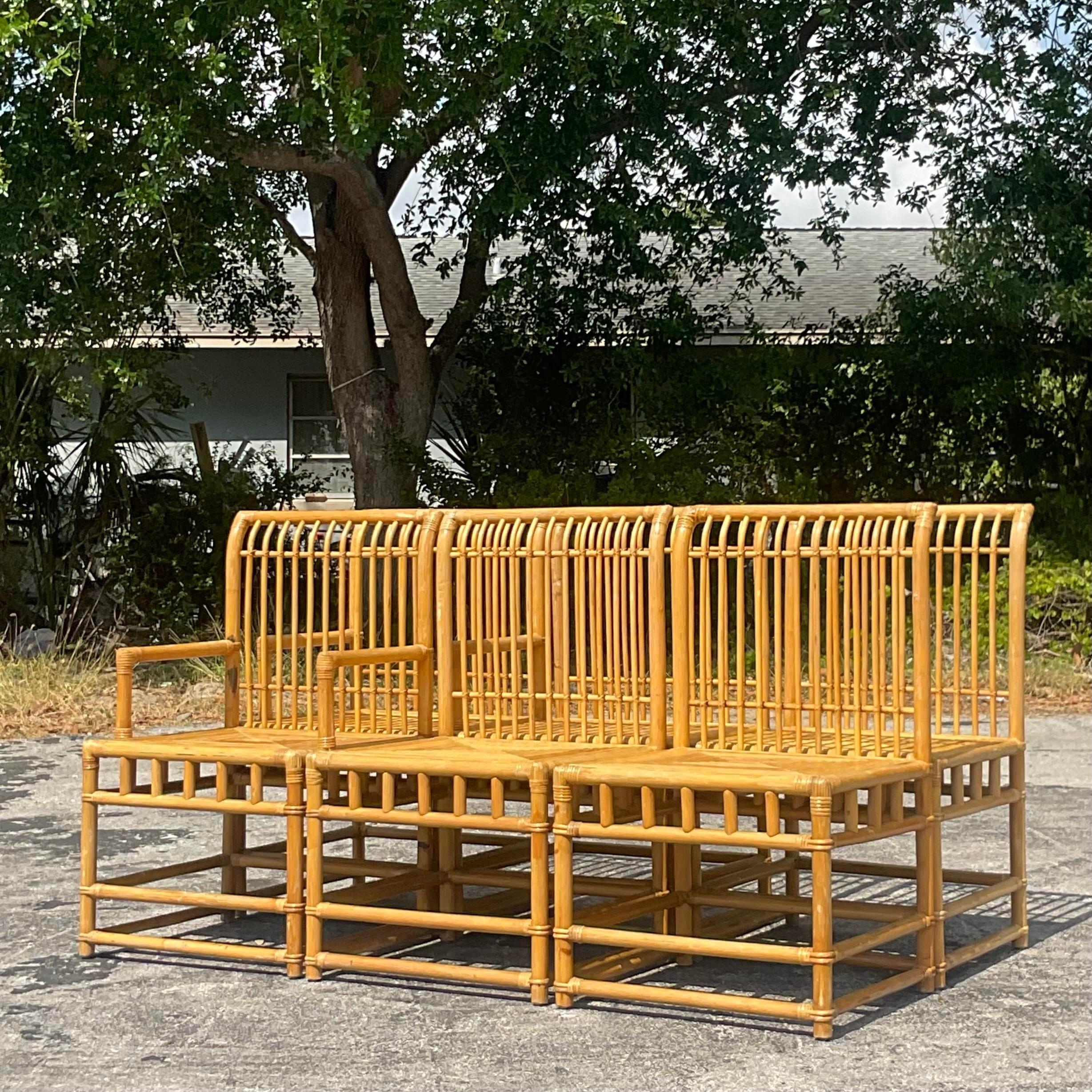 Vintage Coastal Rattan High Back Dining Chairs, Set of Six In Good Condition In west palm beach, FL