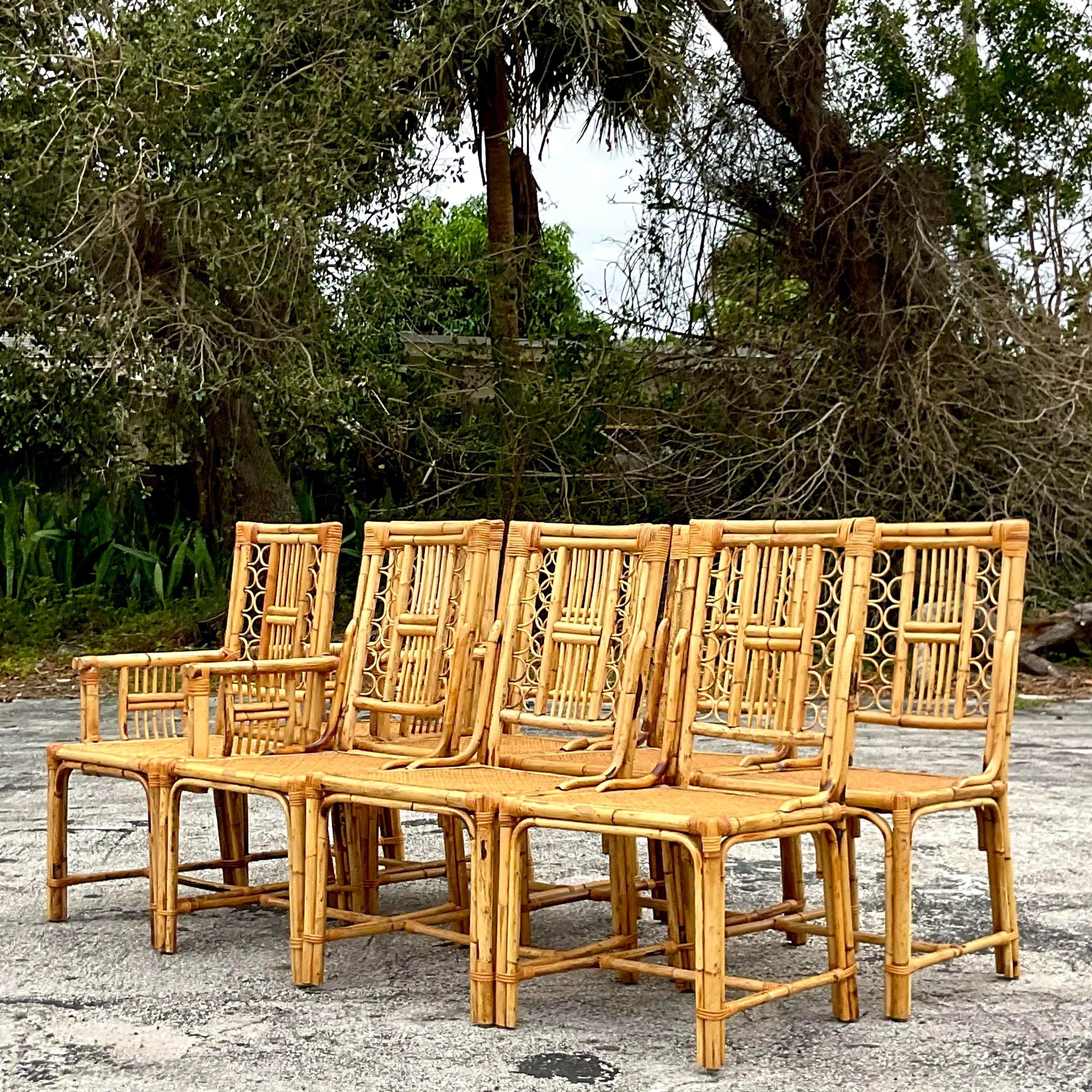Vintage Coastal Rattan Loop Dining Chairs - Set of 8 In Good Condition In west palm beach, FL