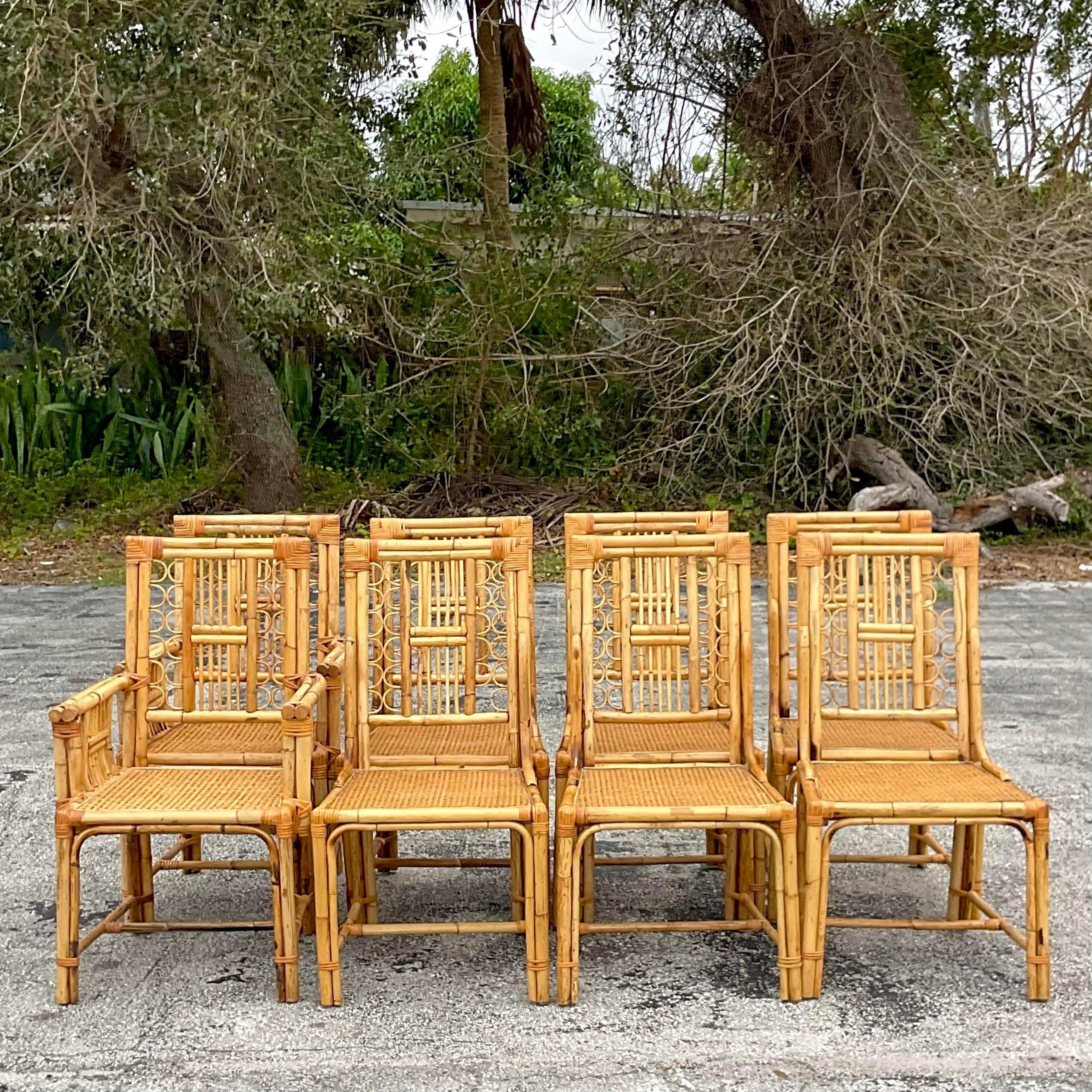 20th Century Vintage Coastal Rattan Loop Dining Chairs - Set of 8