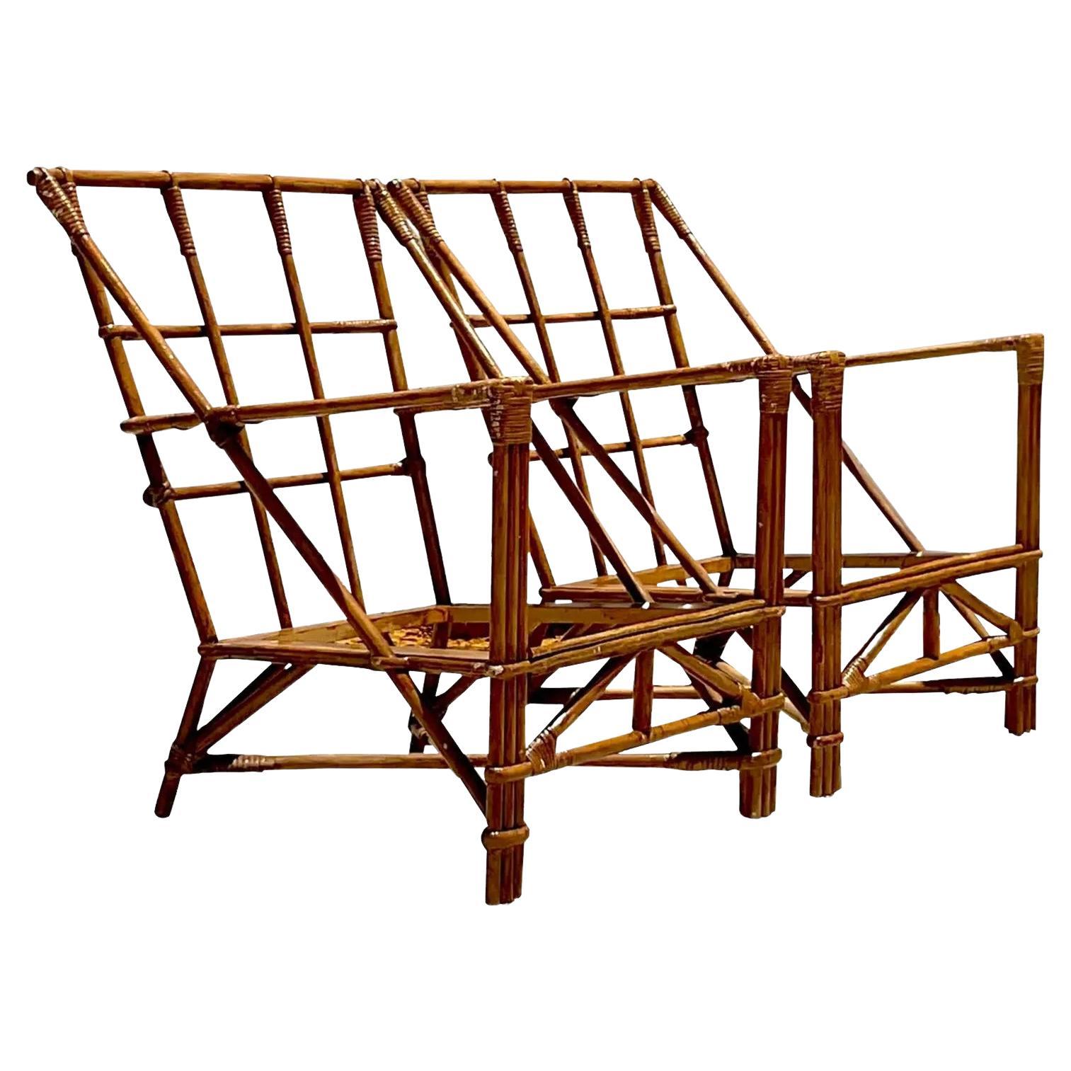 Vintage Coastal Woven Rattan Wing Sofa and Lounge Chairs For Sale at