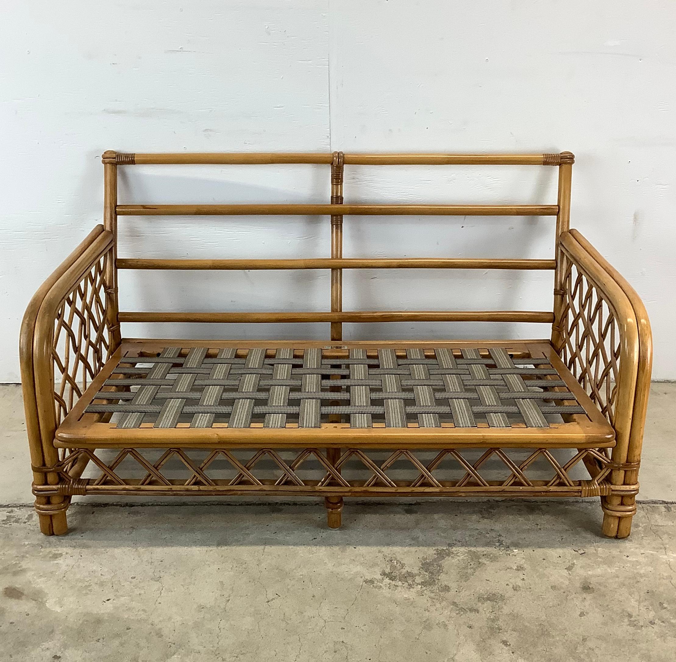 Upholstery Vintage Coastal Rattan Loveseat by Ficks Reed For Sale