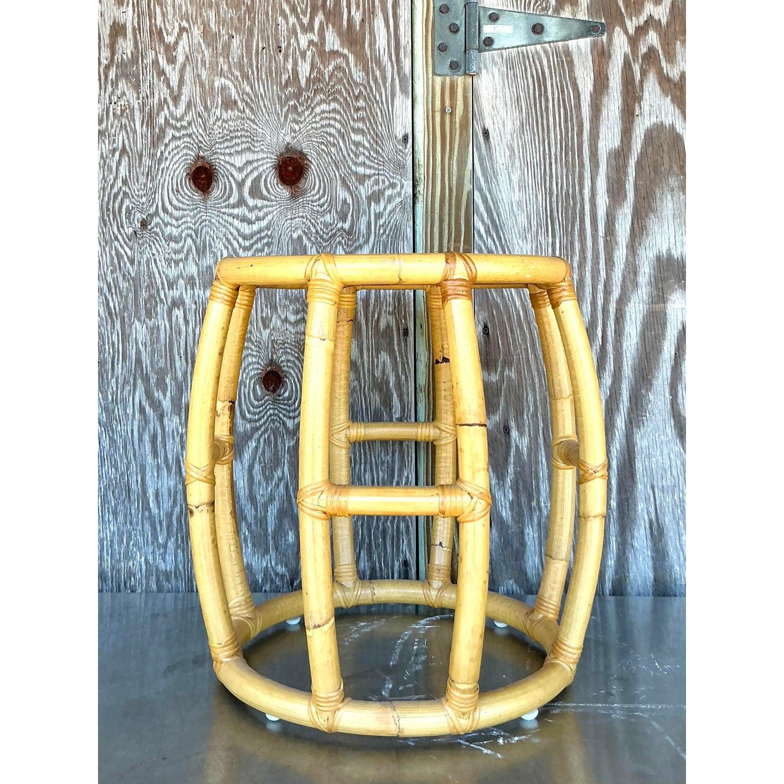 Organic Modern Vintage Coastal Rattan Low Stool For Sale