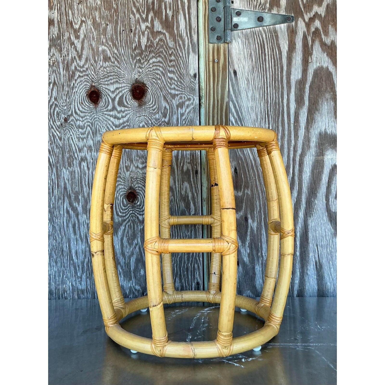 Vintage Coastal Rattan Low Stool In Good Condition For Sale In west palm beach, FL
