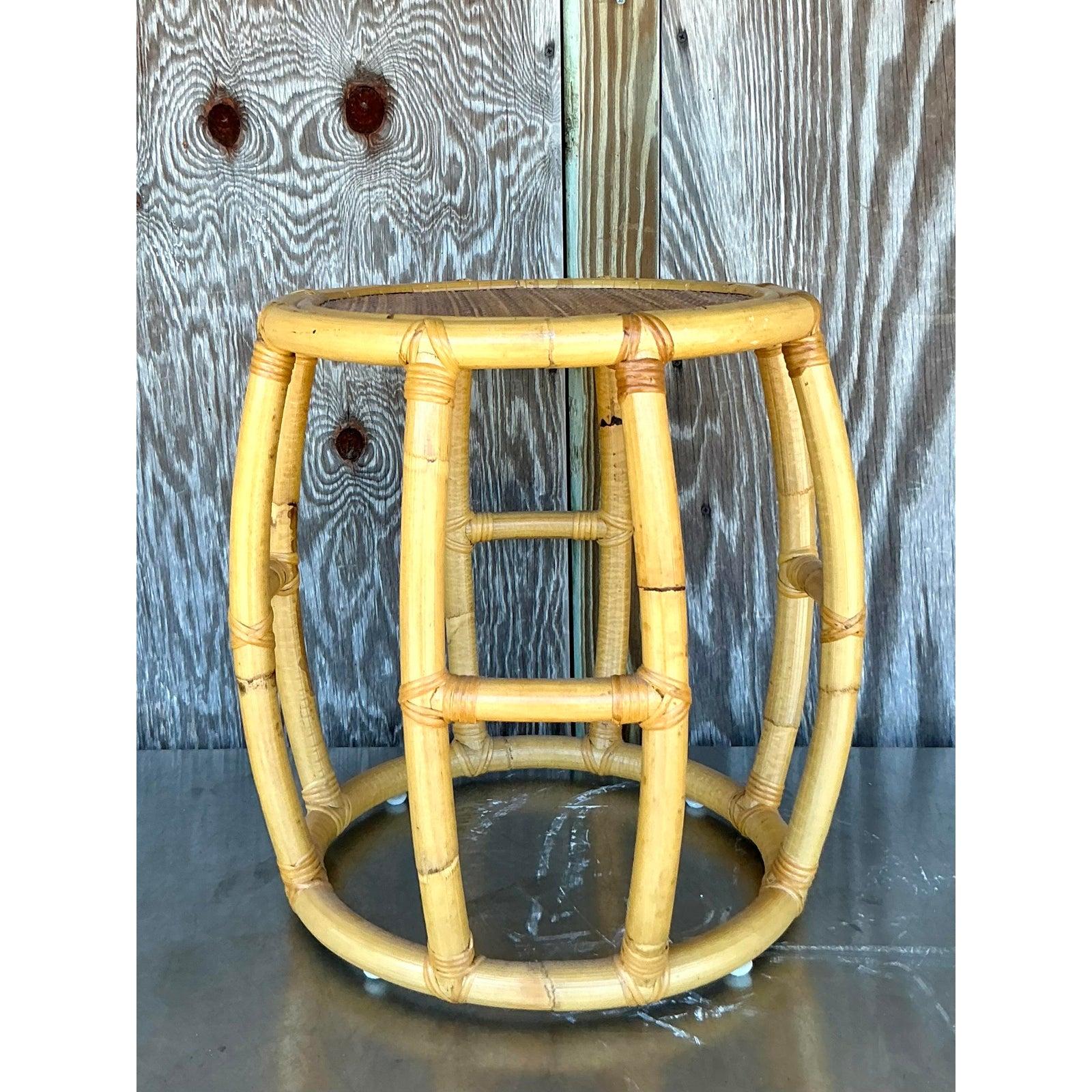 20th Century Vintage Coastal Rattan Low Stool For Sale