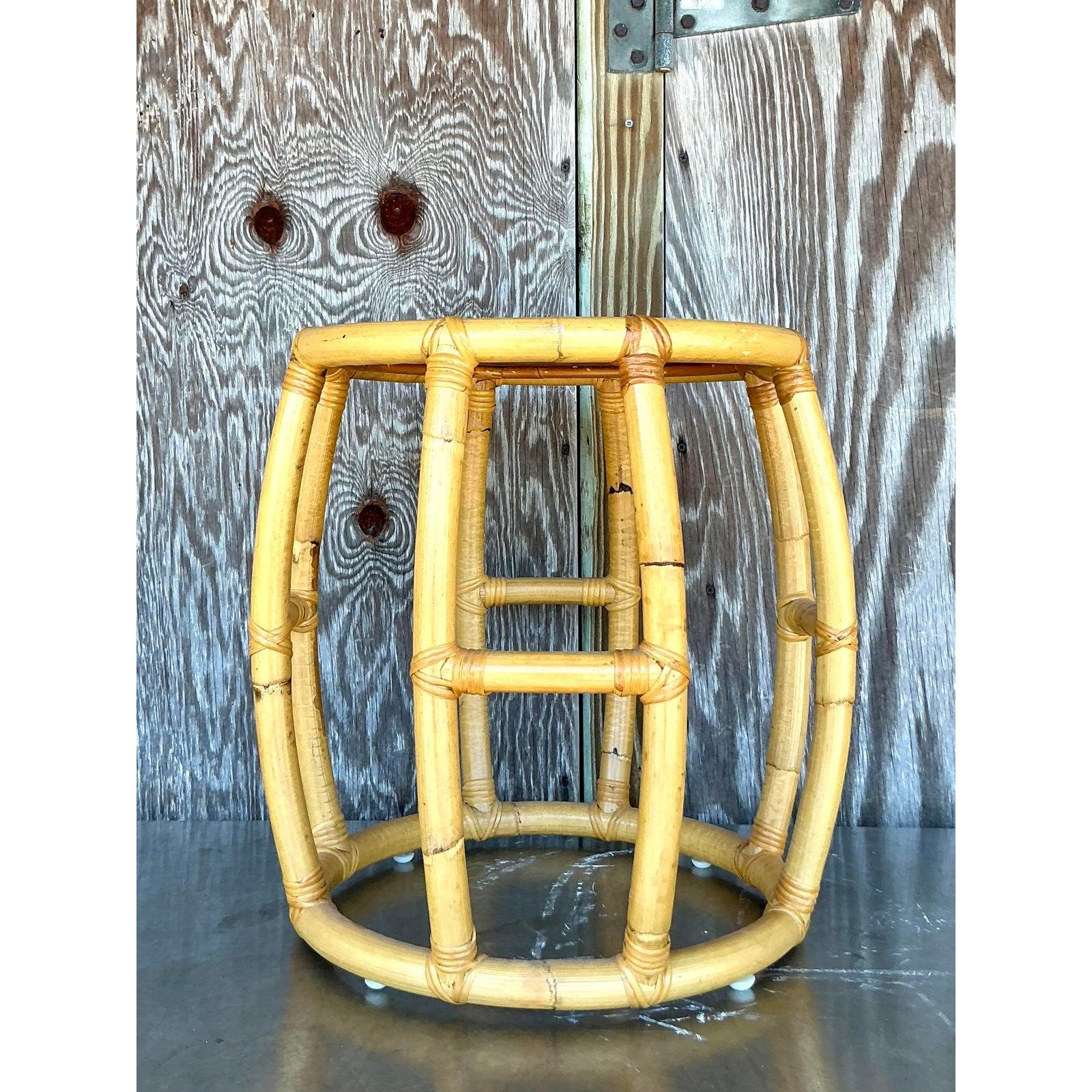 Bamboo Vintage Coastal Rattan Low Stool For Sale