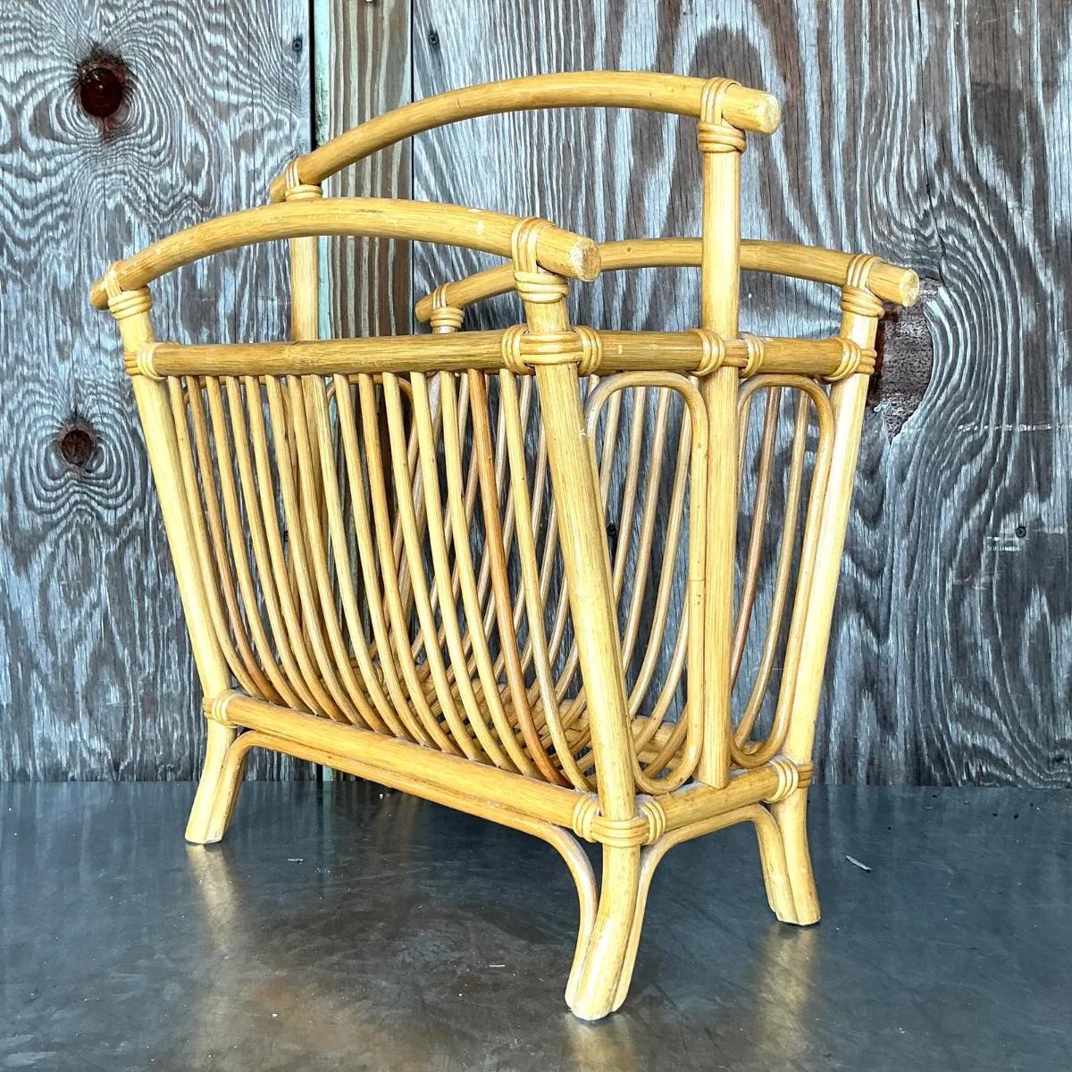 20th Century Vintage Coastal Rattan Newspaper Rack For Sale