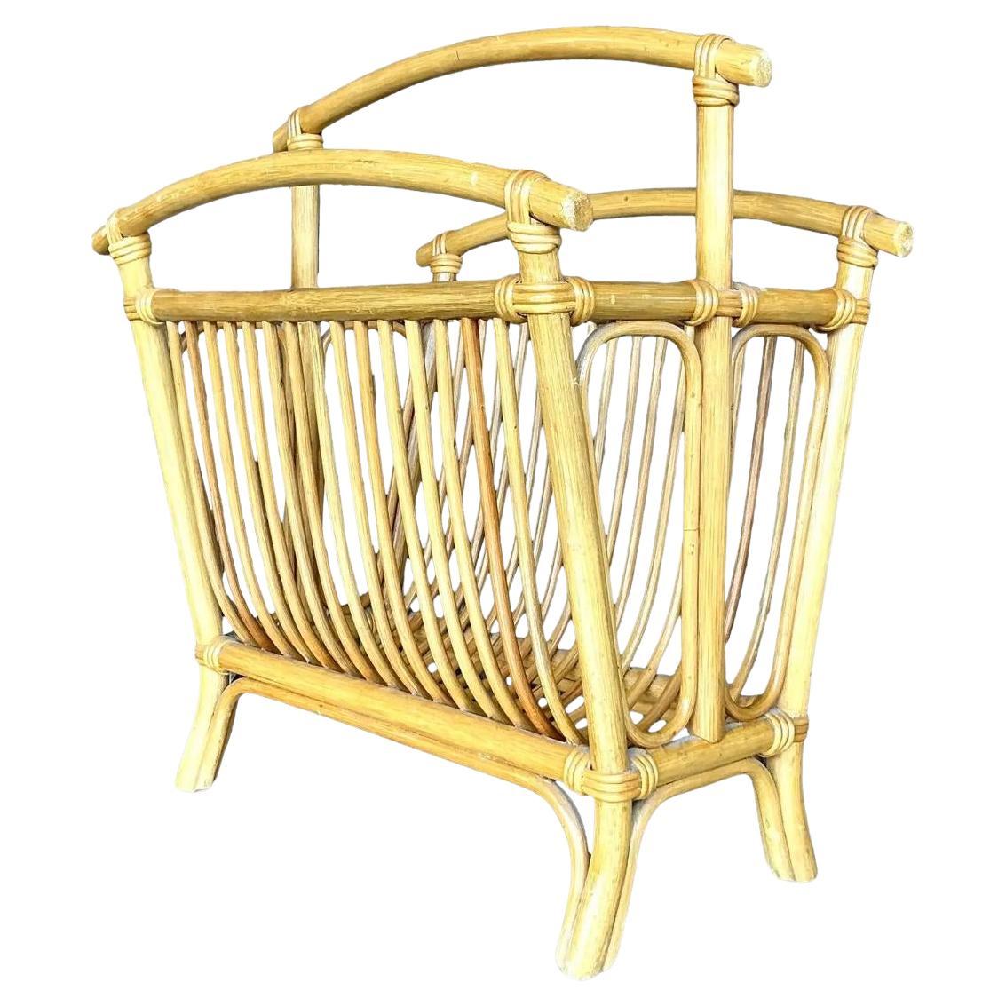 Vintage Coastal Rattan Newspaper Rack For Sale