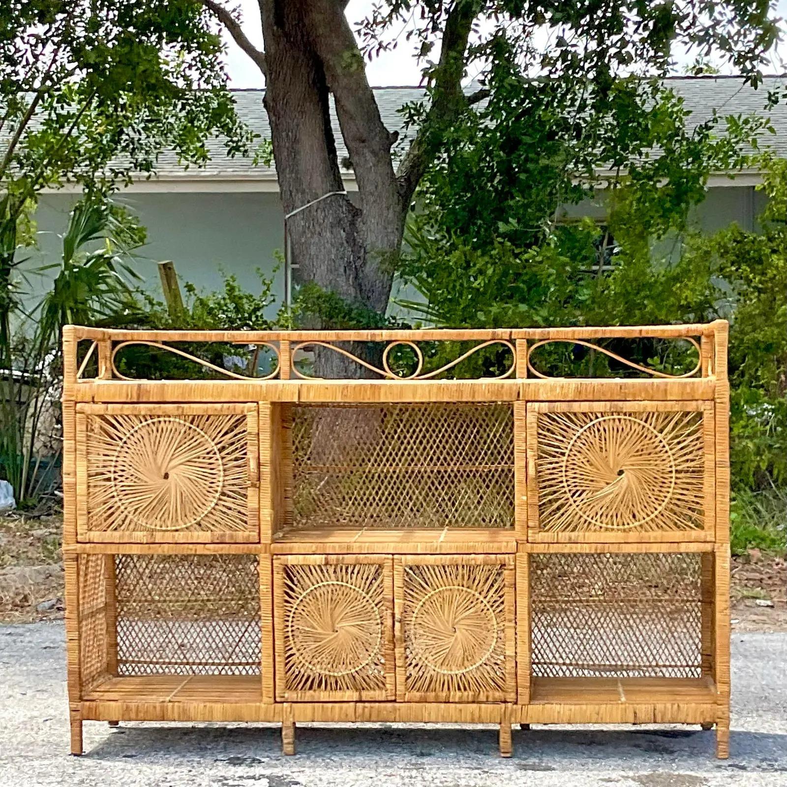 Vintage Coastal Rattan Open Credenza 1