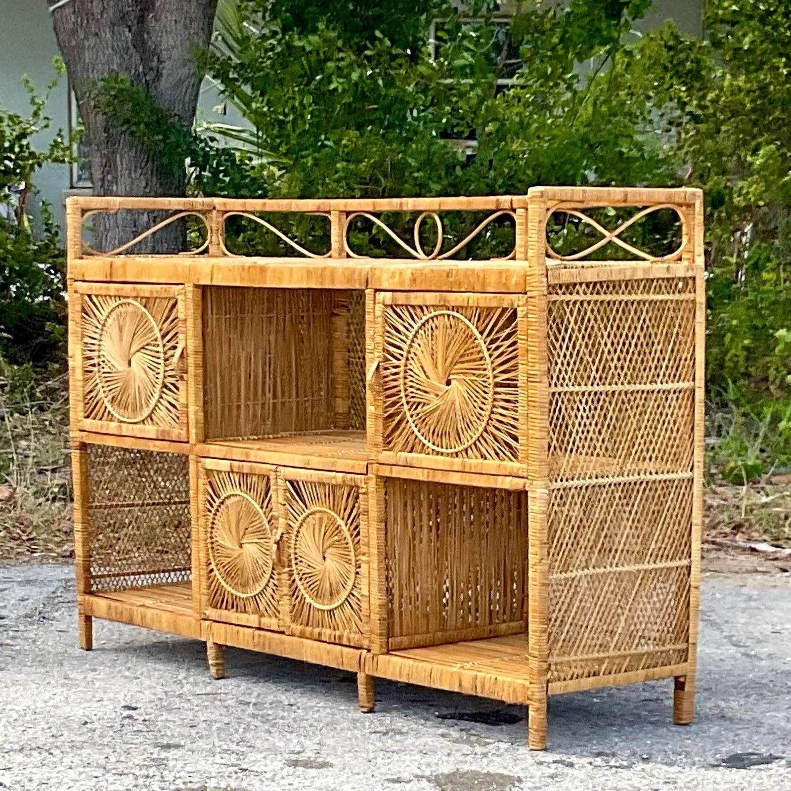 Vintage Coastal Rattan Open Credenza 2