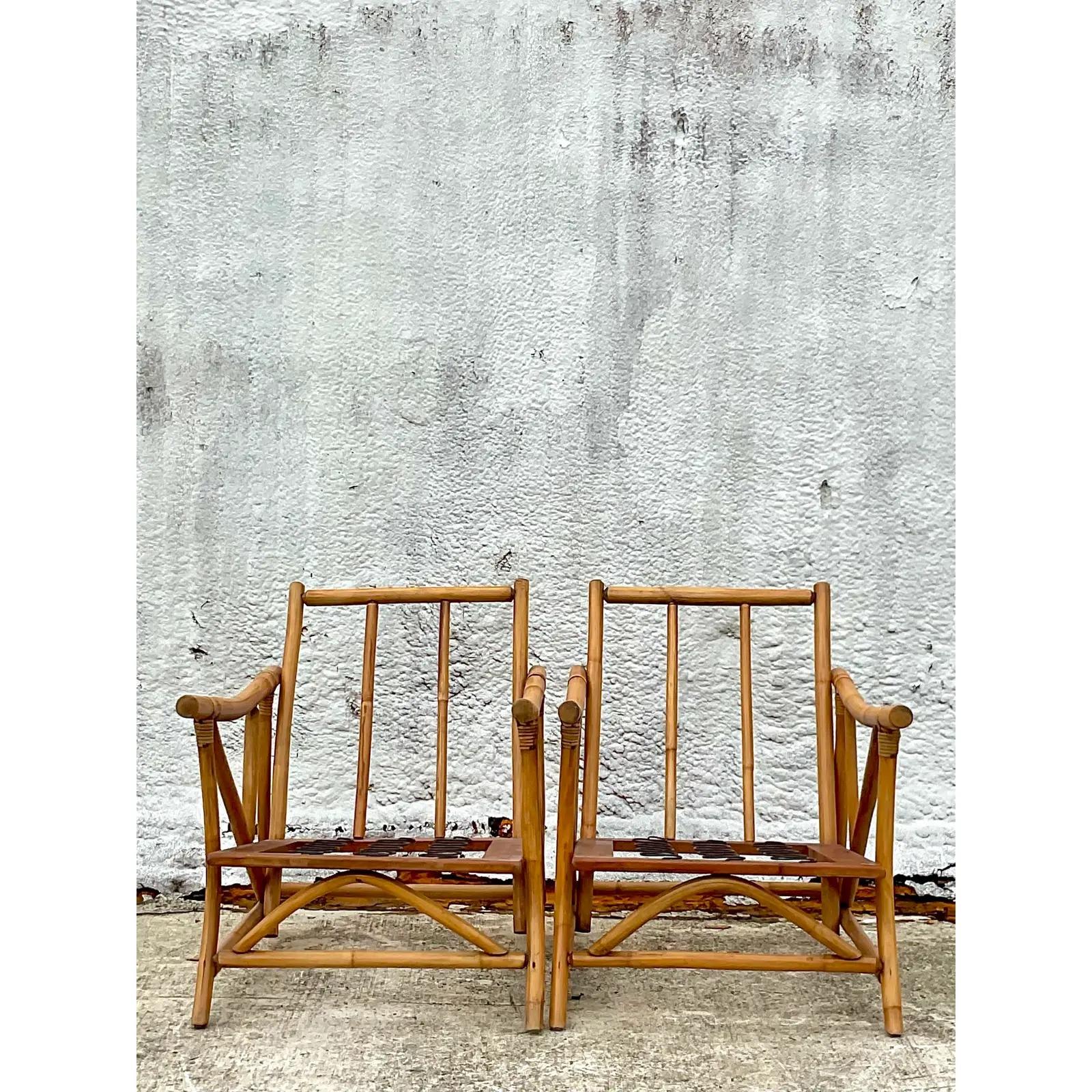 Philippine Vintage Coastal Rattan Pagoda Chairs, a Pair