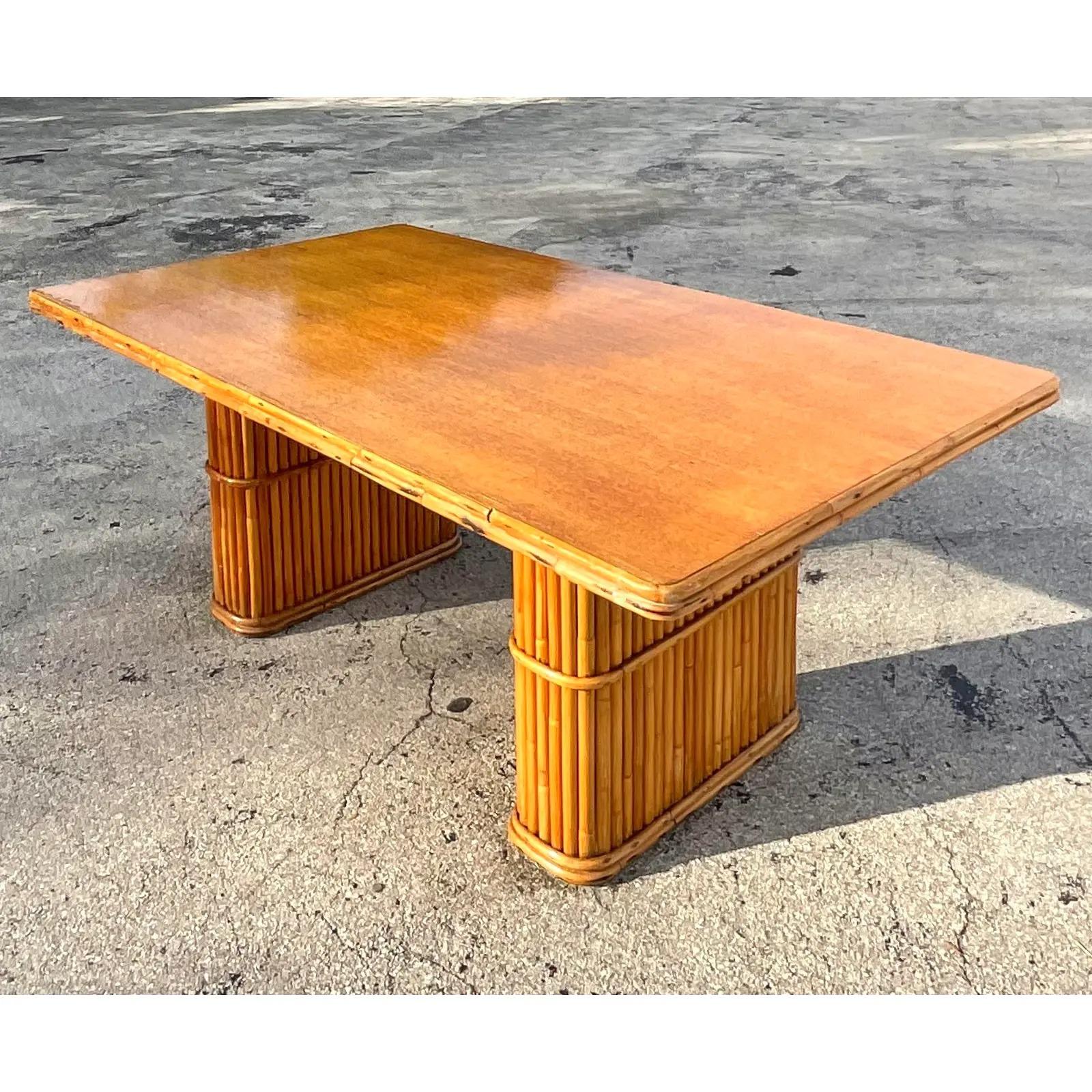 20th Century Vintage Coastal Rattan Pedestal Dining Table For Sale