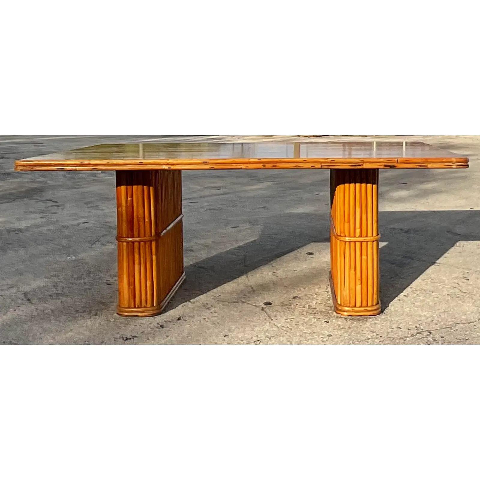 Vintage Coastal Rattan Pedestal Dining Table For Sale 1