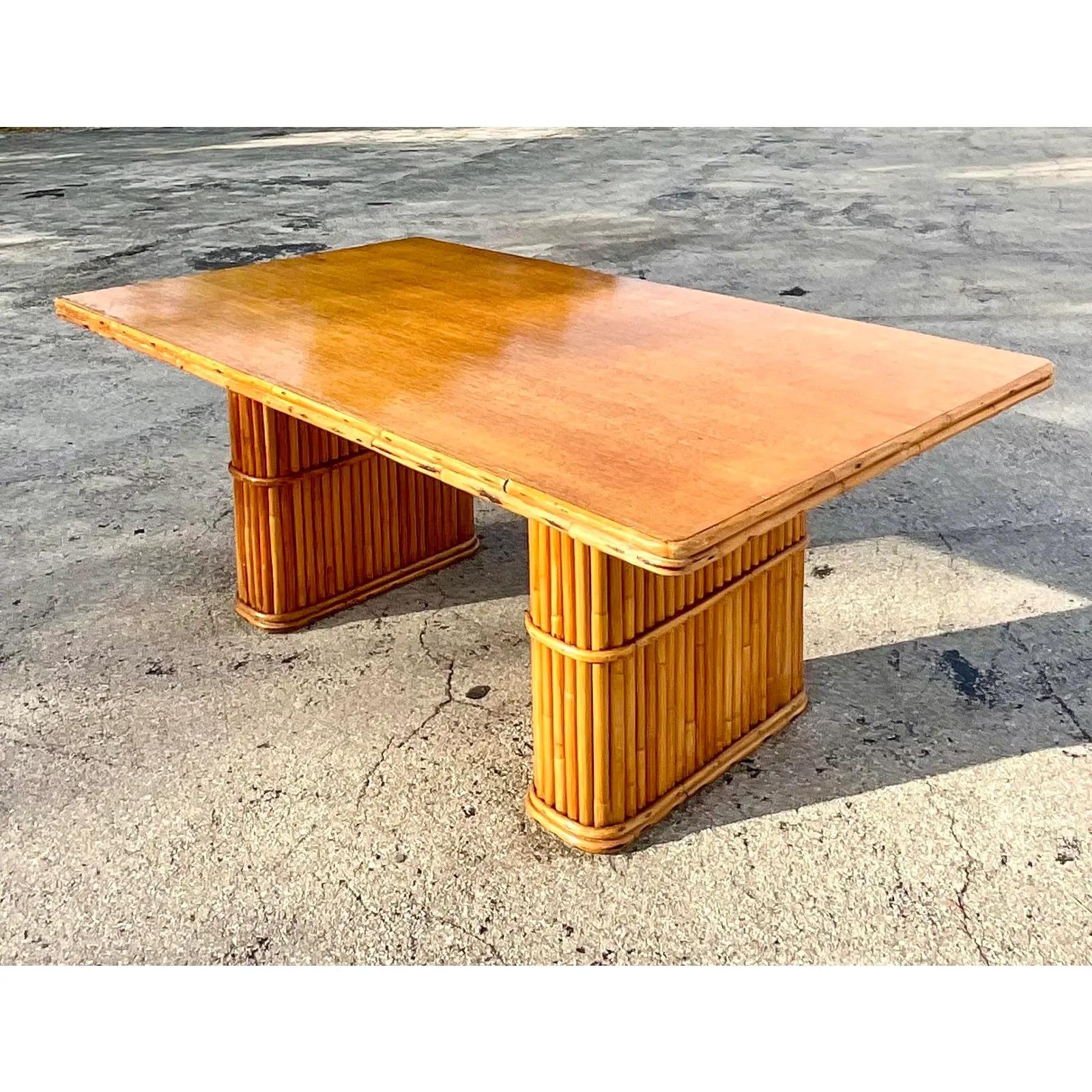Vintage Coastal Rattan Pedestal Dining Table For Sale 4