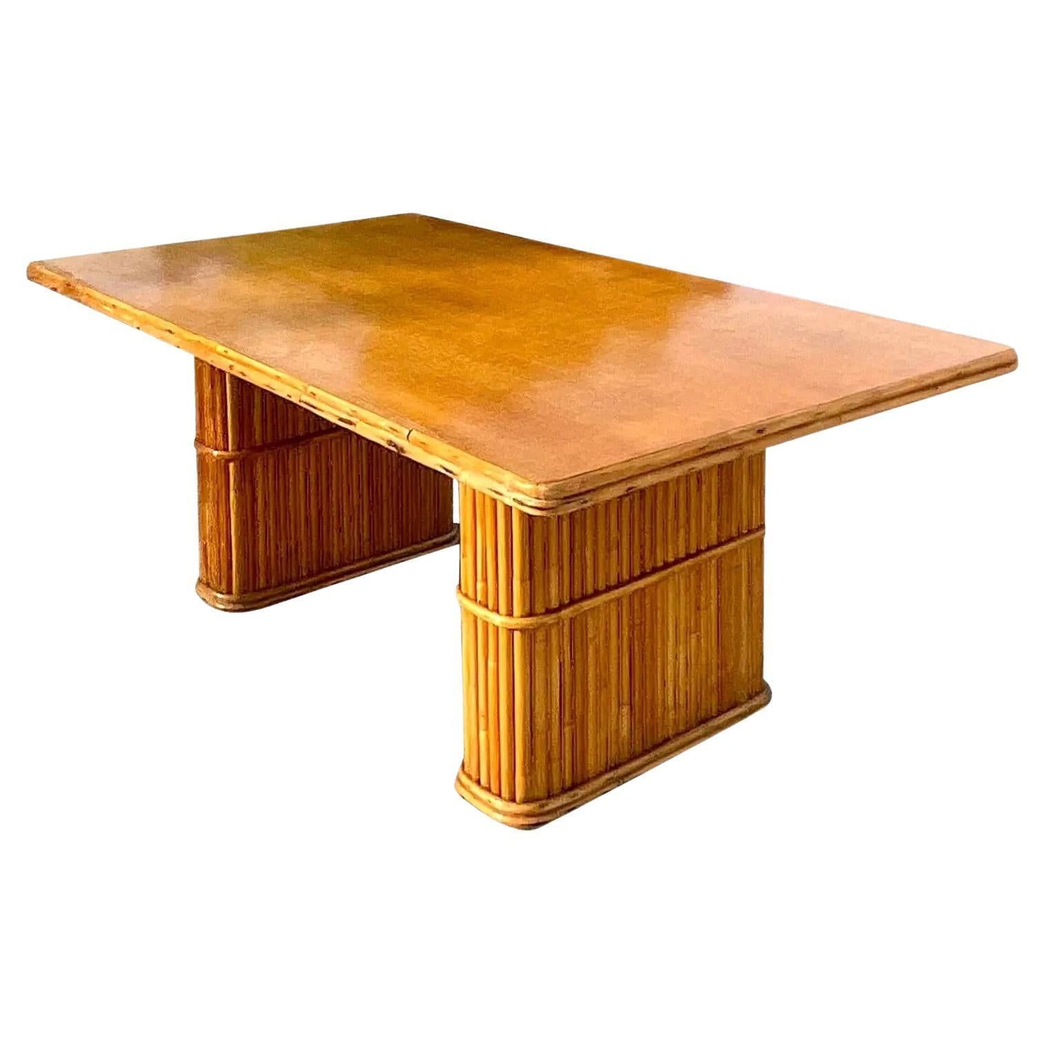 Vintage Coastal Rattan Pedestal Dining Table For Sale