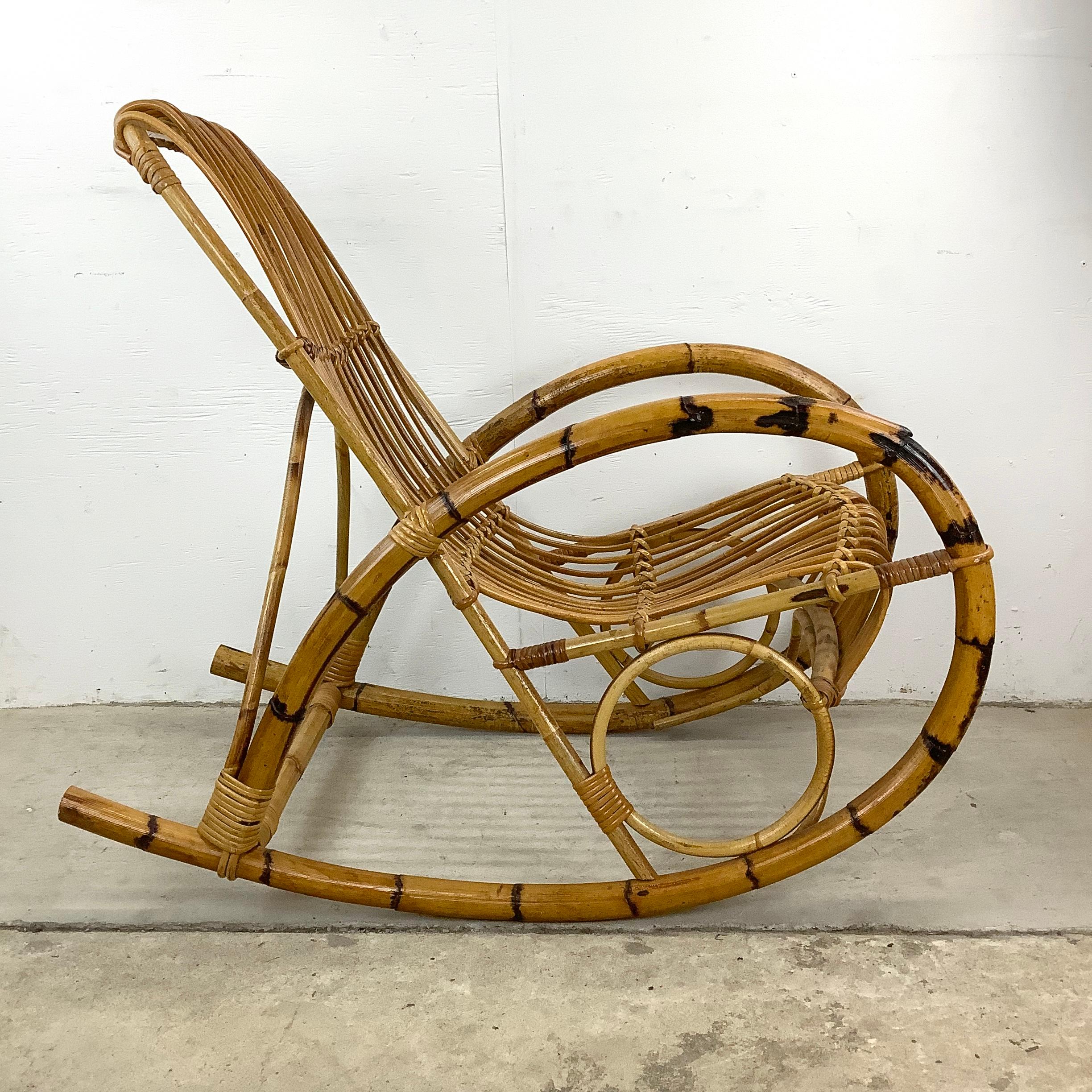Mid-Century Modern Vintage Coastal Rattan Rocking Chairs after Franco Albini For Sale