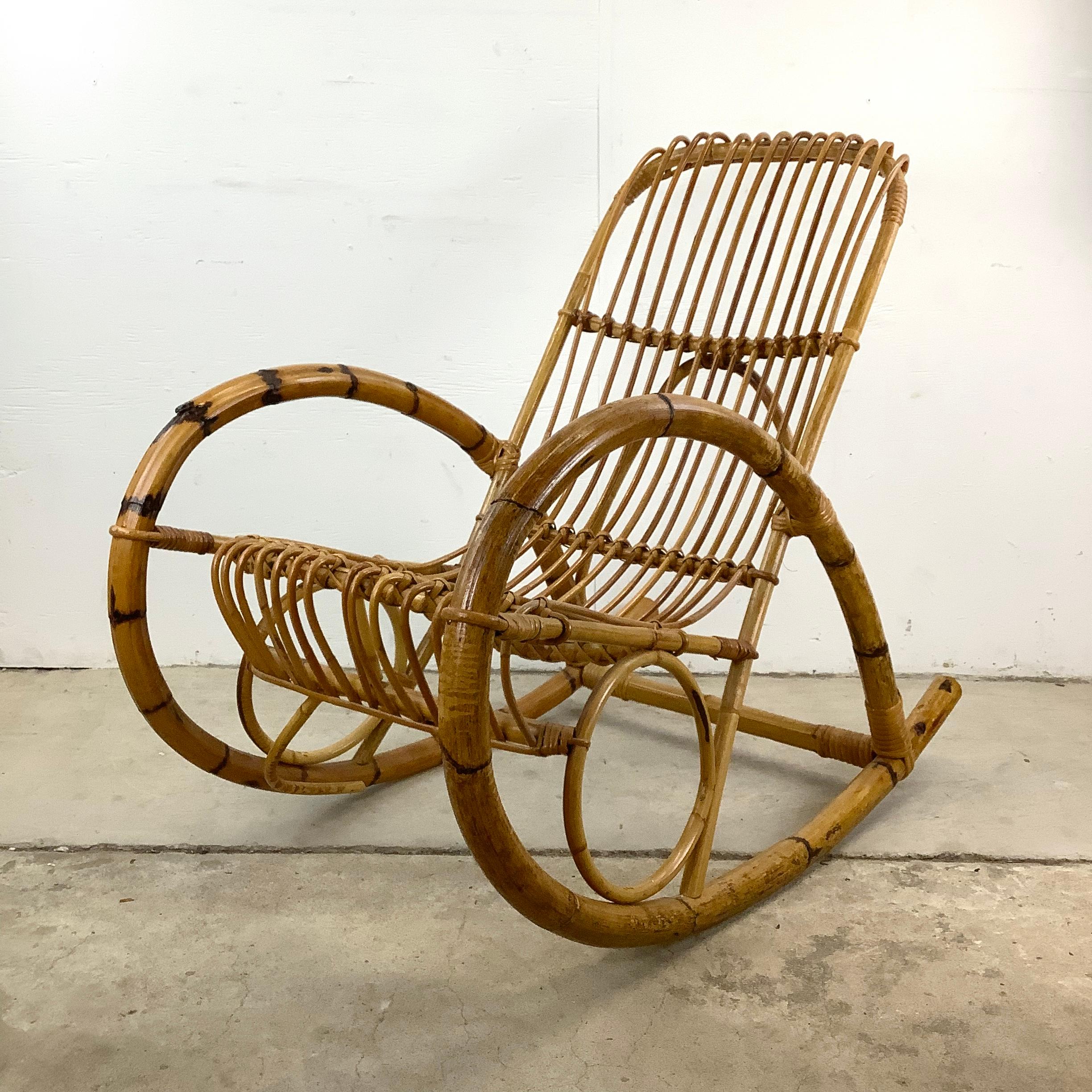 20th Century Vintage Coastal Rattan Rocking Chairs after Franco Albini For Sale