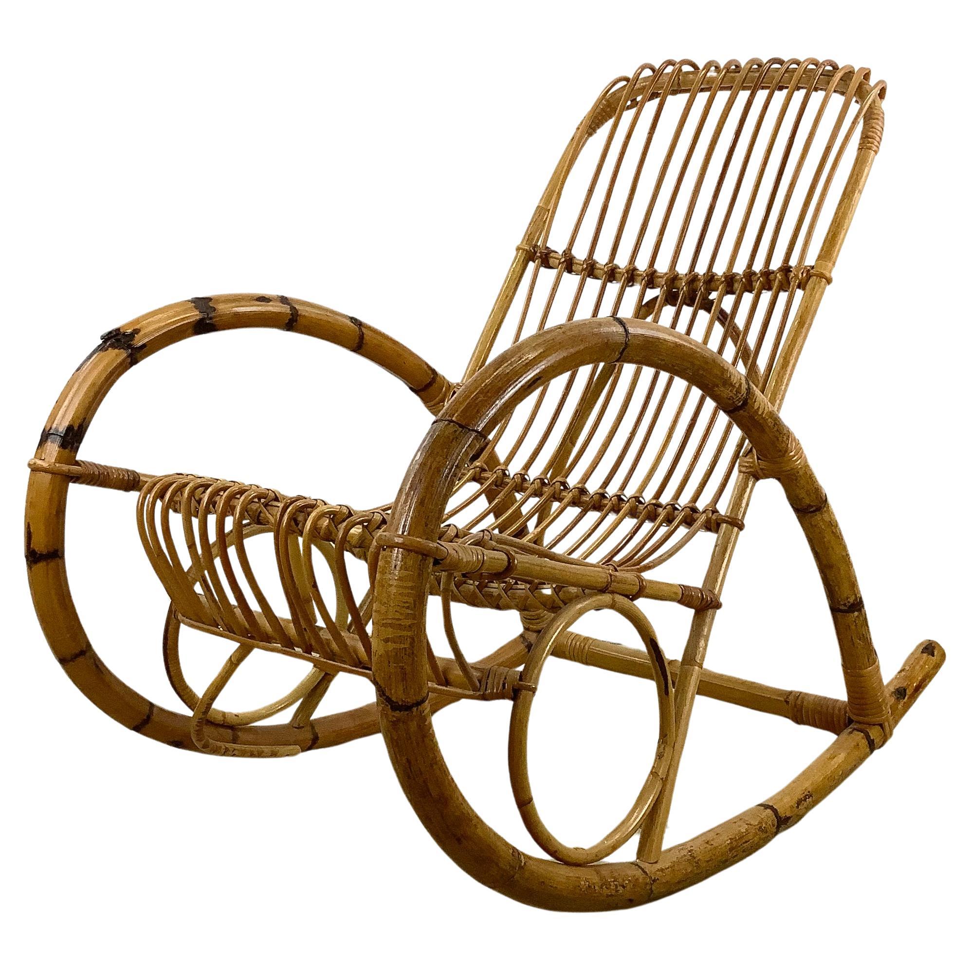 Vintage Coastal Rattan Rocking Chairs after Franco Albini For Sale