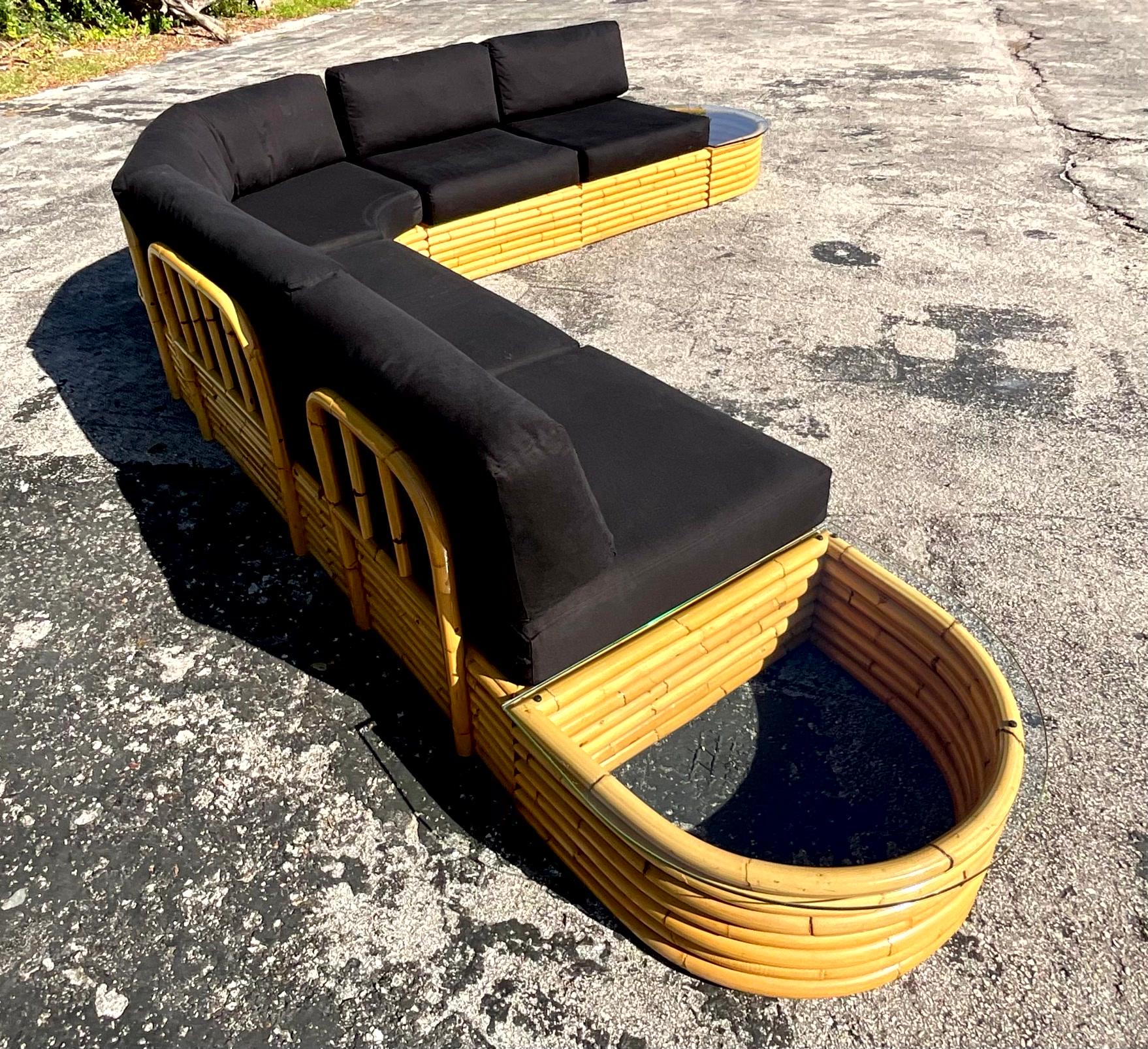Mid-Century Modern Vintage Coastal Rattan Sectional Sofa For Sale