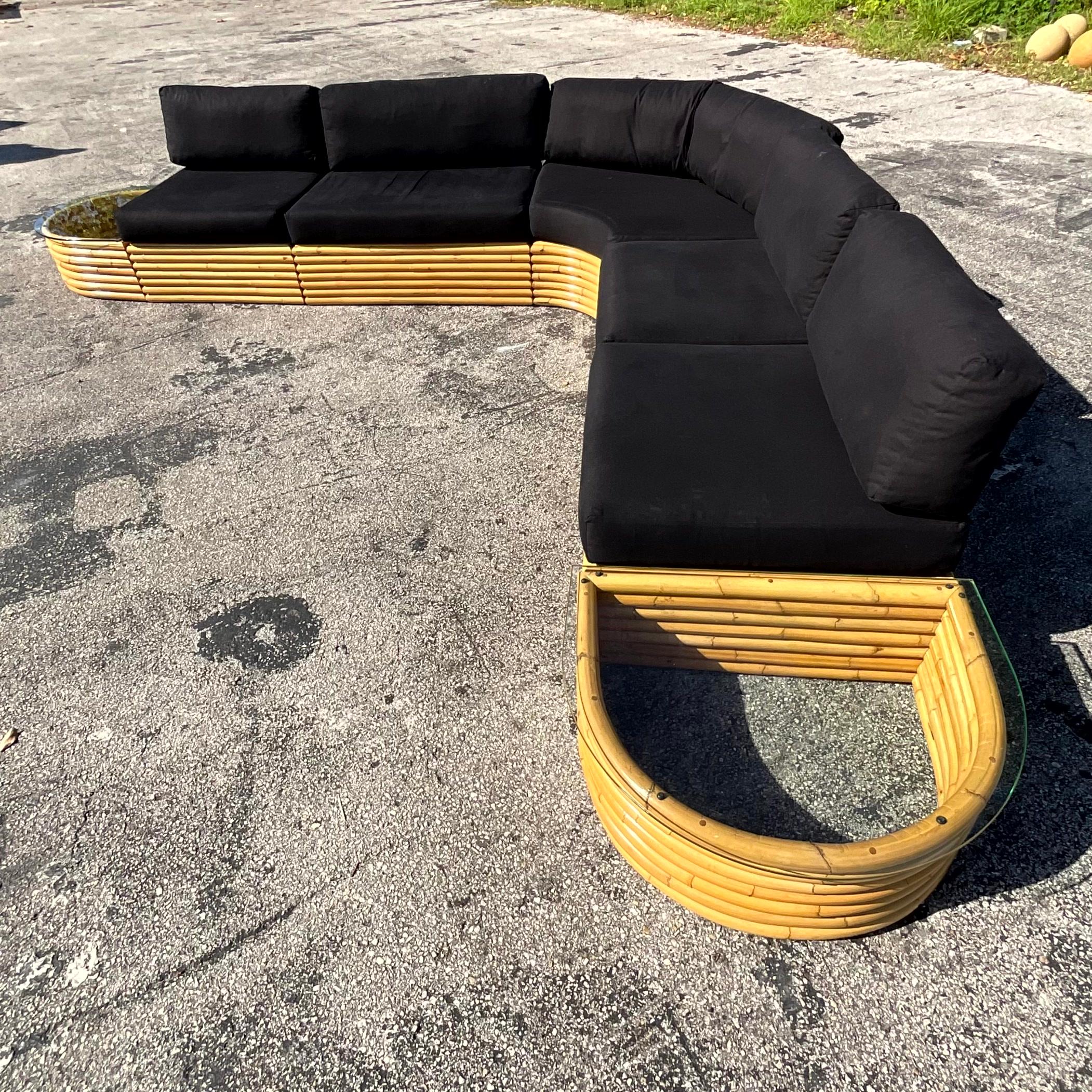 Upholstery Vintage Coastal Rattan Sectional Sofa For Sale