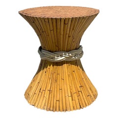 Vintage Coastal Rattan Sheath of Wheat Table Pedestal After McGuire