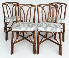 Vintage Coastal Rattan Side Chairs with Upholstered Seat Cushions, Set of 4