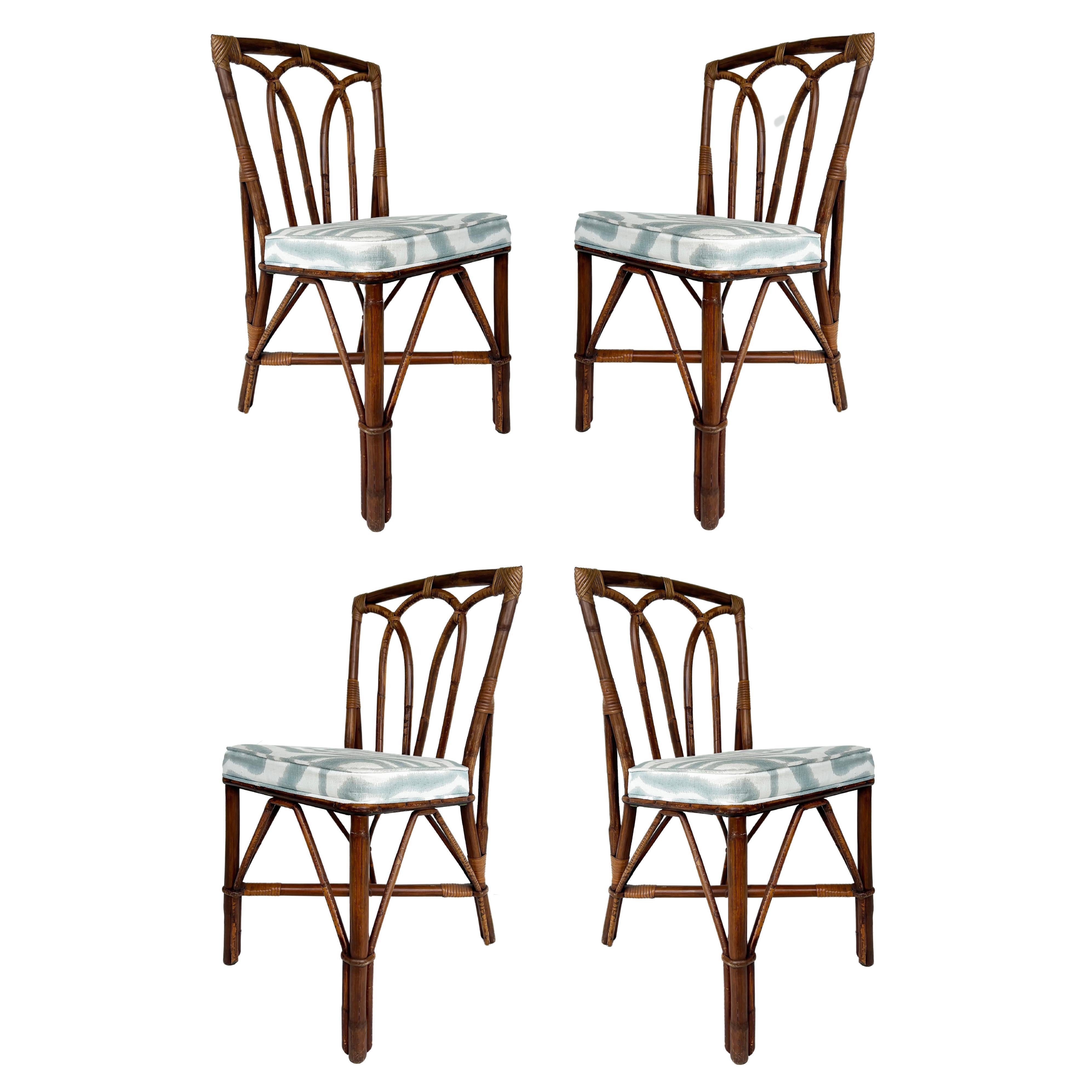 Sedie laterali in rattan costiero vintage con cuscini imbottiti, set da 4