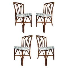 Vintage Coastal Rattan Side Chairs with Upholstered Seat Cushions, Set of 4
