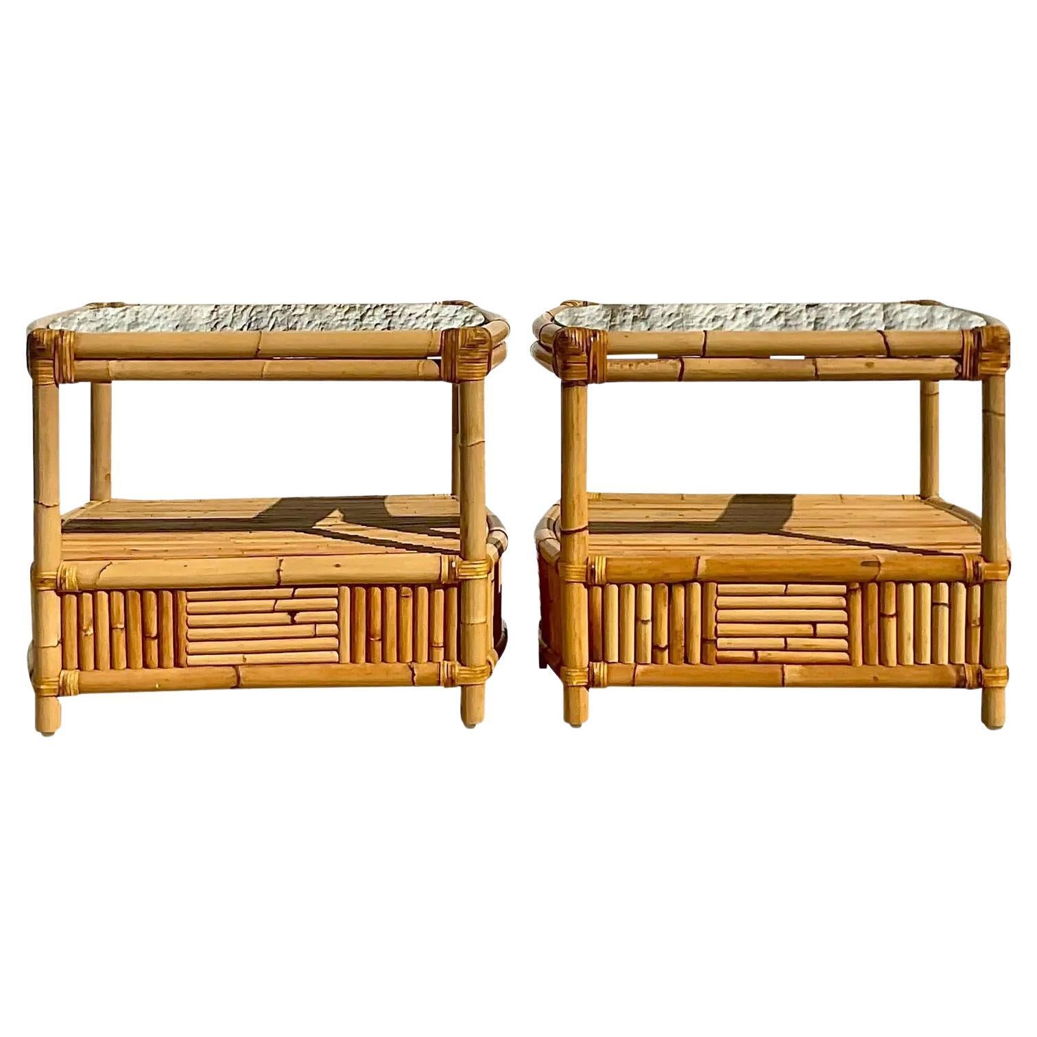 Vintage Coastal Woven Rattan Side Tables, a Pair at 1stDibs