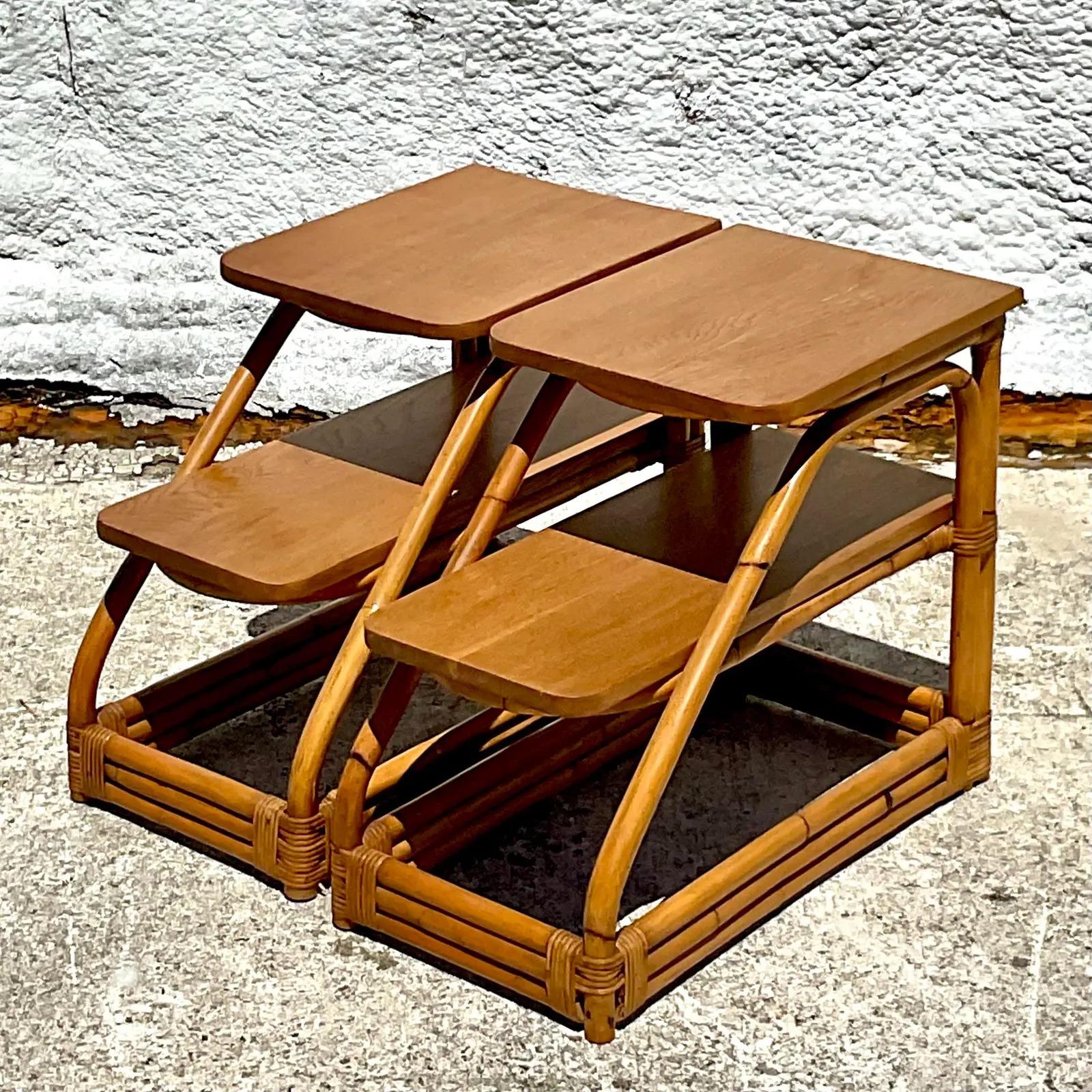 Vintage Coastal Rattan Side Tables After Frankl, a Pair 2