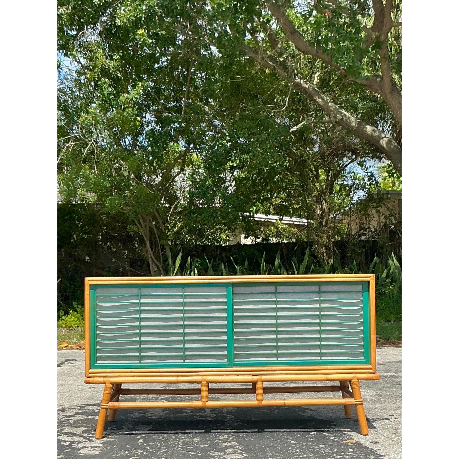 Vintage Coastal Rattan Sideboard After Ficks Reed In Good Condition For Sale In west palm beach, FL