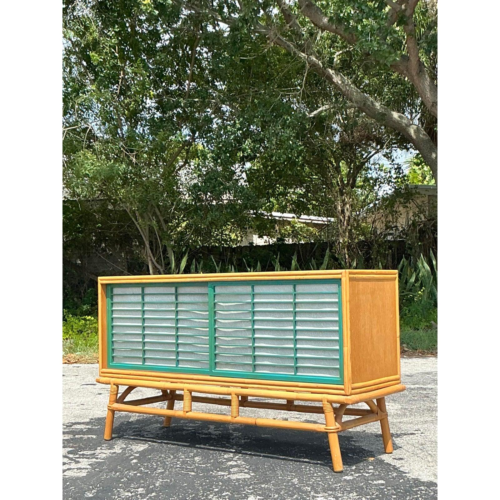 20th Century Vintage Coastal Rattan Sideboard After Ficks Reed For Sale