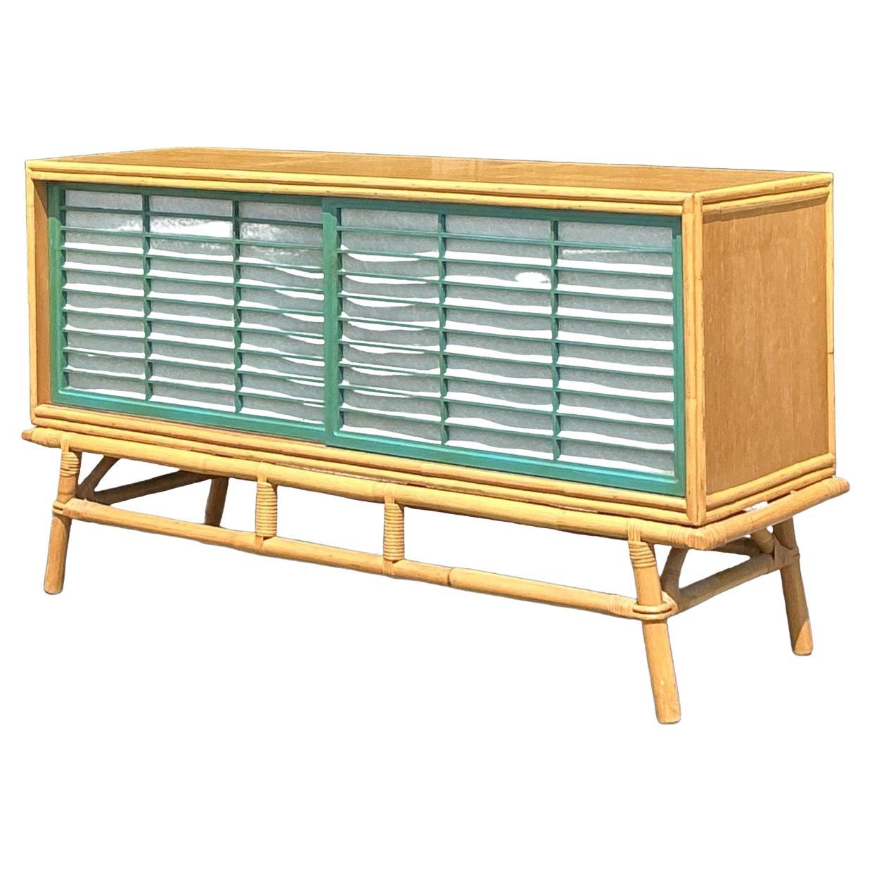 Vintage Coastal Rattan Sideboard After Ficks Reed