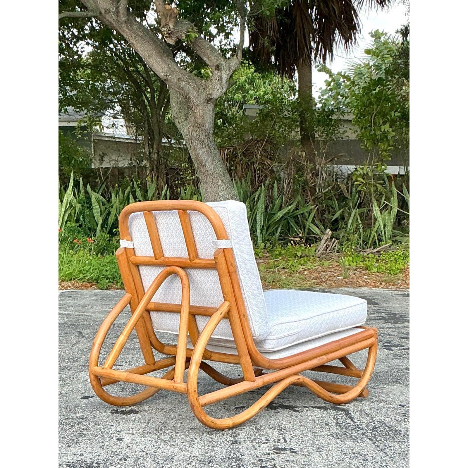Upholstery Vintage Coastal Rattan Slipper Chair For Sale