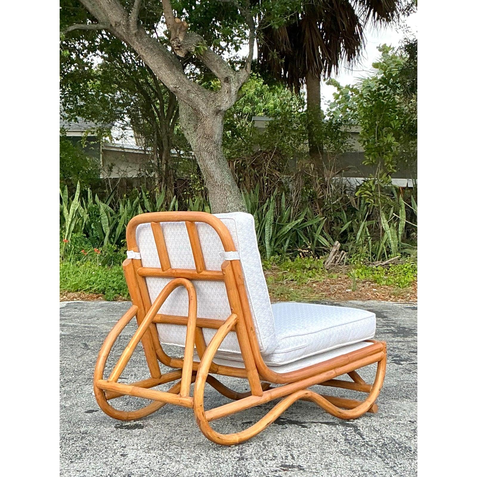 Vintage Coastal Rattan Slipper Chair For Sale 1