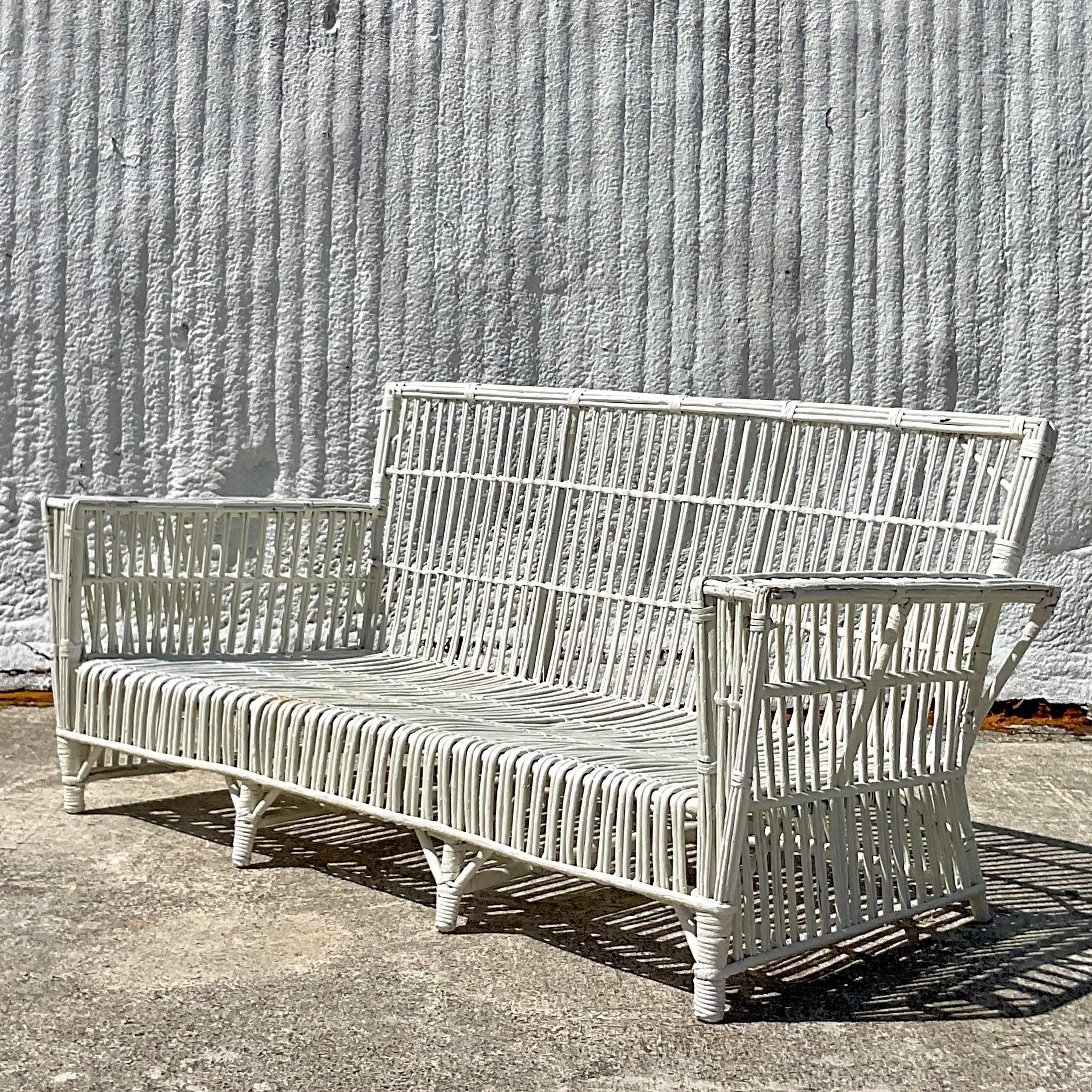 Vintage Coastal Rattan Sofa After Bielecky Brothers In Good Condition For Sale In west palm beach, FL