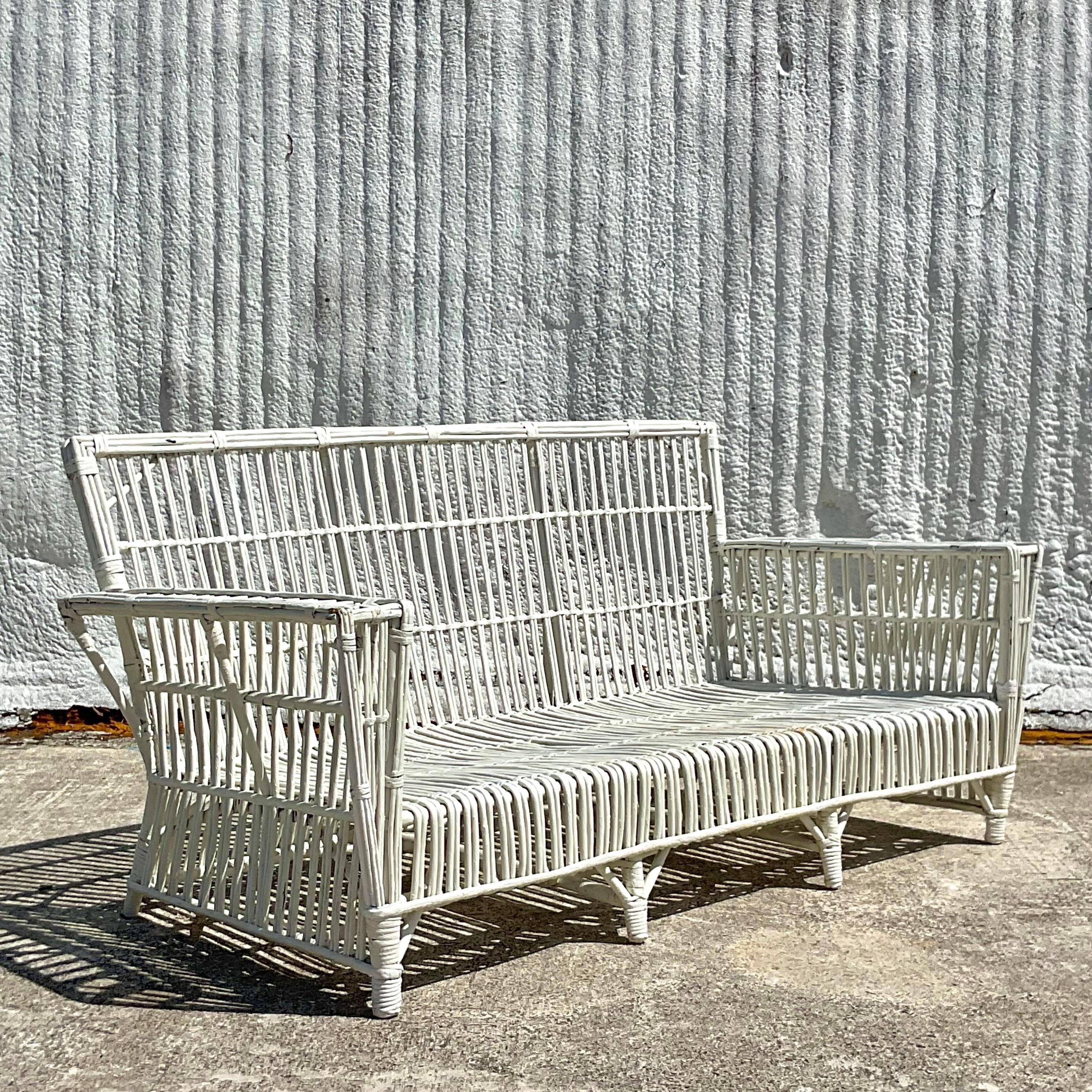 20th Century Vintage Coastal Rattan Sofa After Bielecky Brothers For Sale