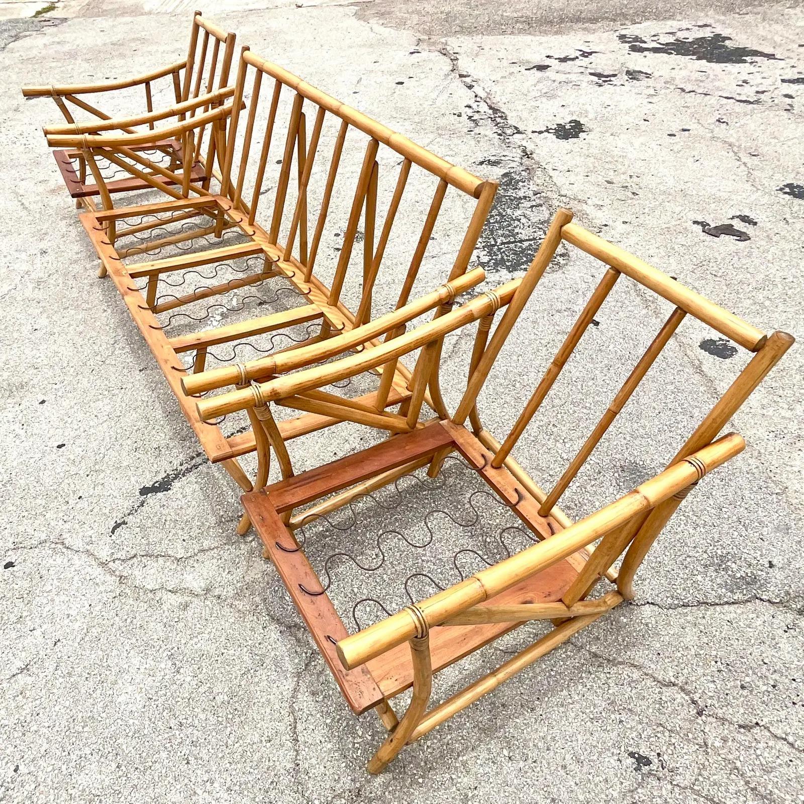 Philippine Vintage Coastal Rattan Sofa and Chairs Set After Wisner