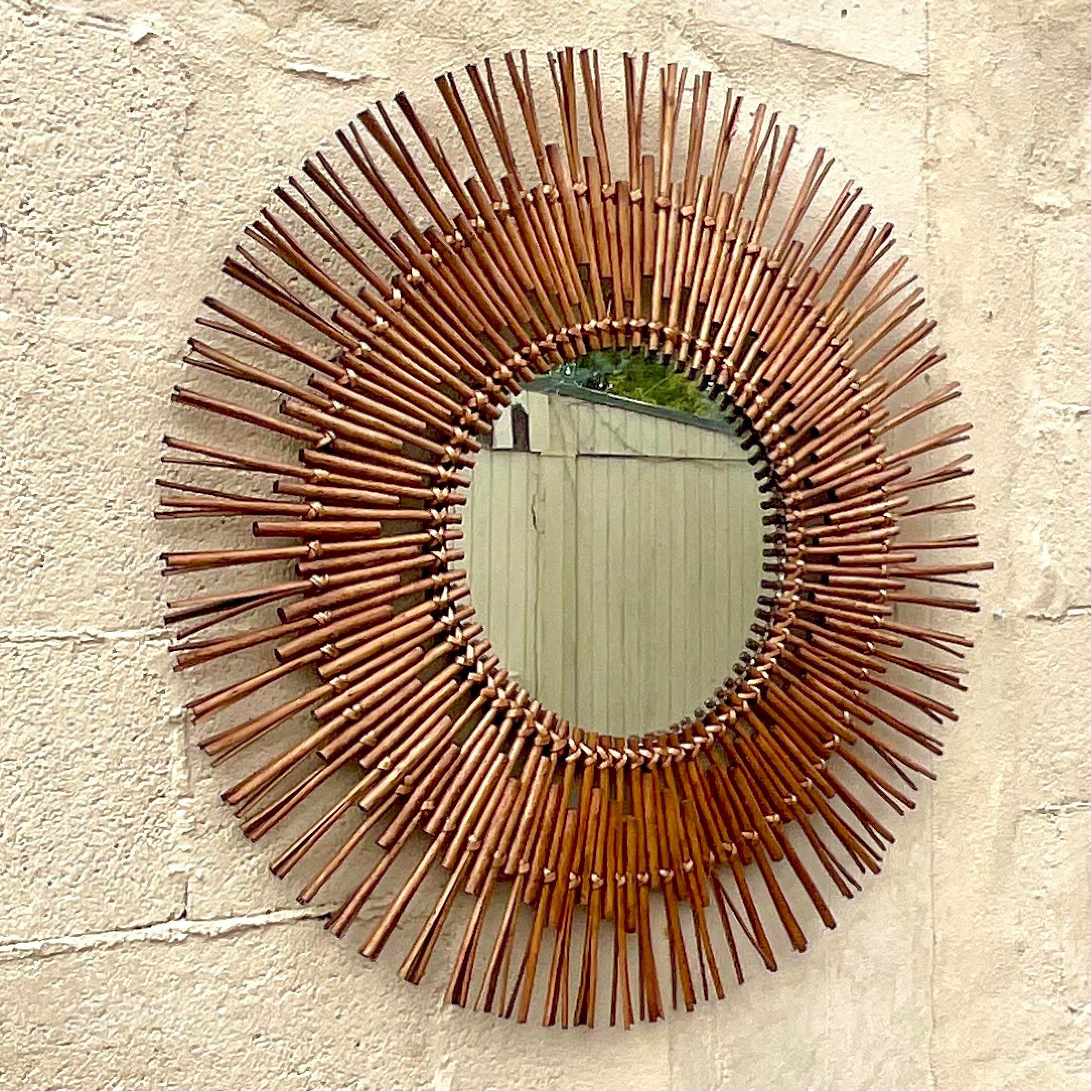 Mid-Century Modern Vintage Coastal Rattan Starburst Mirror