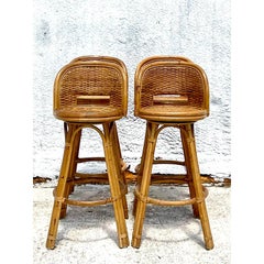 Vintage Coastal Rattan Swivel Bar Stools, Set of Four